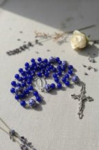 Handmade Our Lady of Guadalupe Rosary: Blue Glass Beads, Silver Crucifix