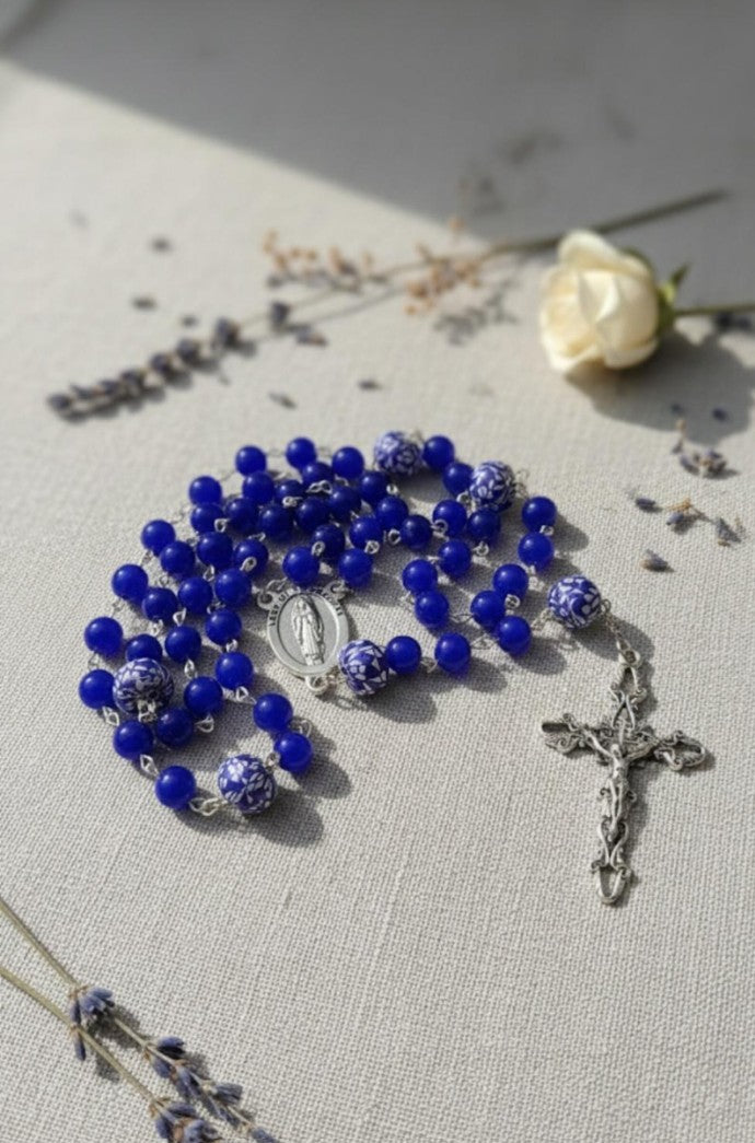 Handmade Our Lady of Guadalupe Rosary: Blue Glass Beads, Silver Crucifix