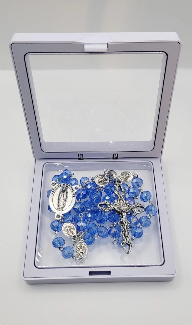 Blue Crystal Rosary • Our Lady of Guadalupe Medal • La Virgen de Guadalupe