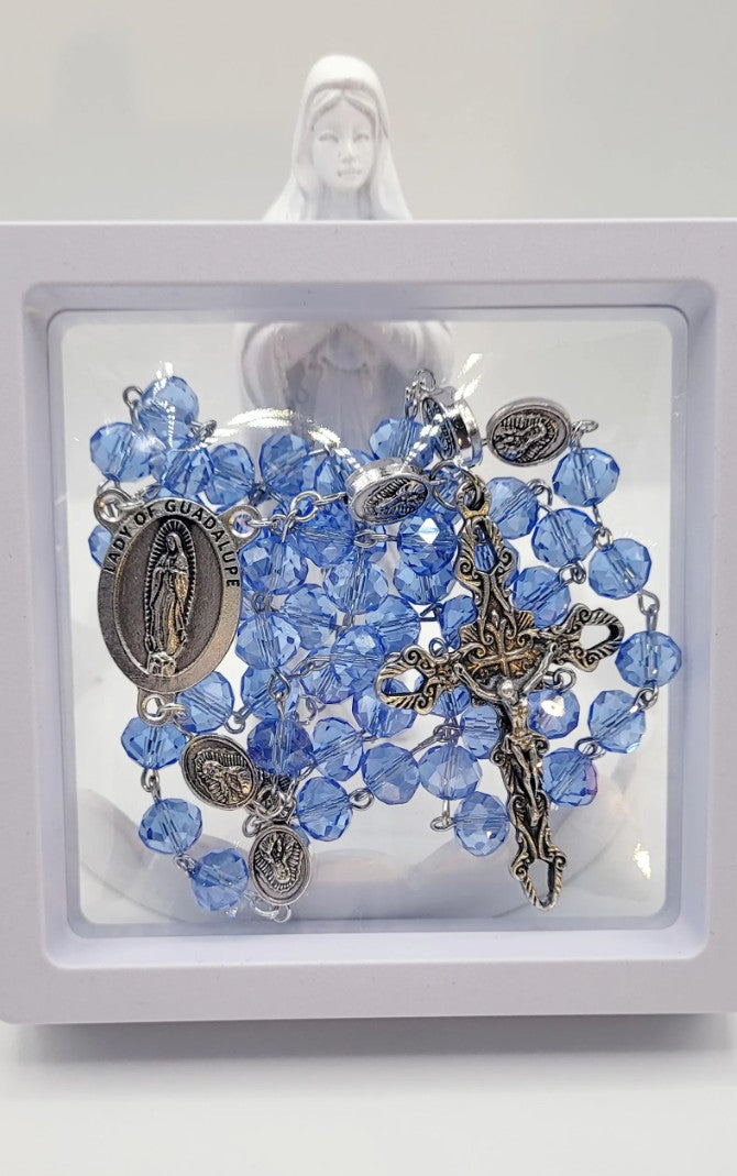 Blue Crystal Rosary • Our Lady of Guadalupe Medal • La Virgen de Guadalupe
