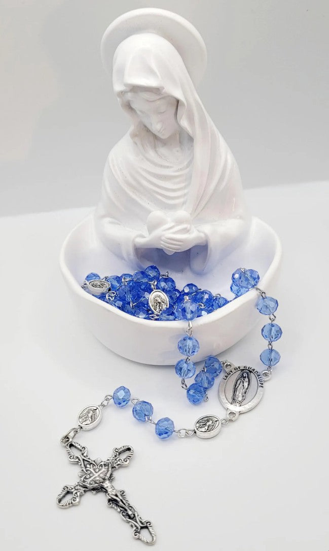 Blue Crystal Rosary • Our Lady of Guadalupe Medal • La Virgen de Guadalupe