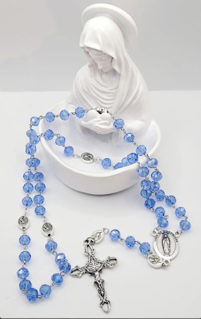 Blue Crystal Rosary • Our Lady of Guadalupe Medal • La Virgen de Guadalupe