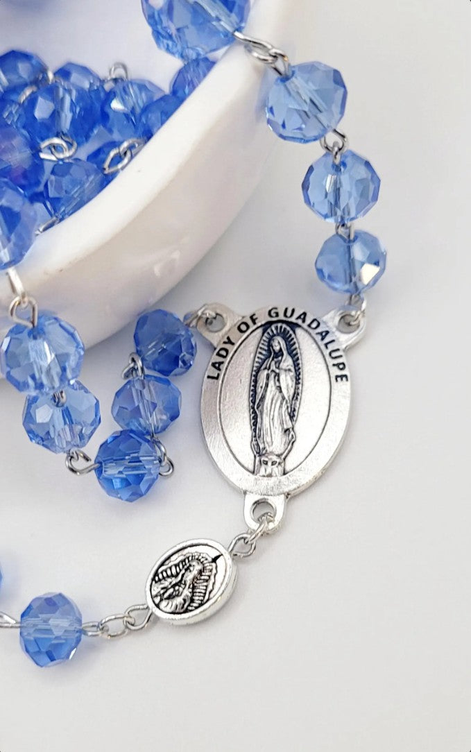 Blue Crystal Rosary • Our Lady of Guadalupe Medal • La Virgen de Guadalupe