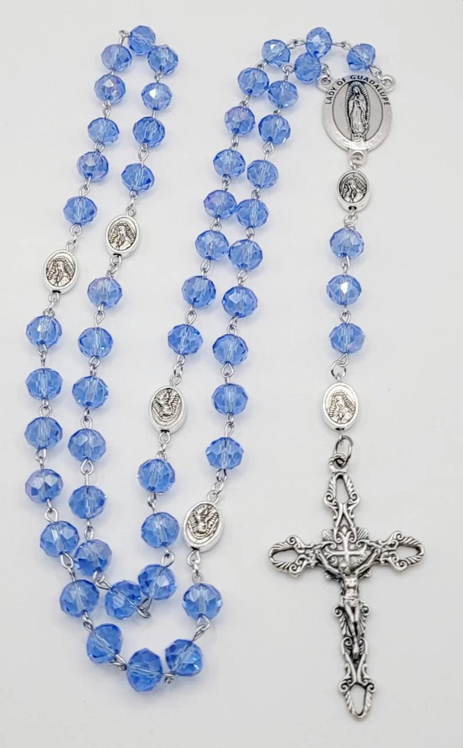 Blue Crystal Rosary • Our Lady of Guadalupe Medal • La Virgen de Guadalupe