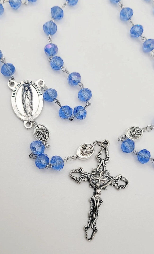 Blue Crystal Rosary • Our Lady of Guadalupe Medal • La Virgen de Guadalupe