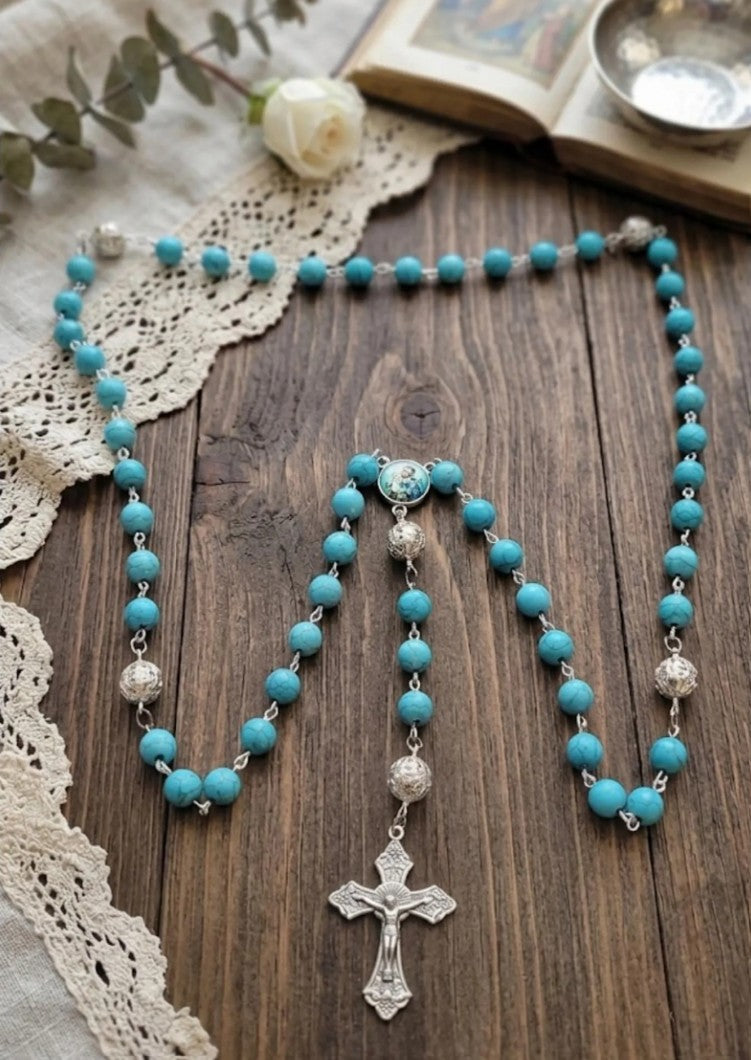 Handmade St. Joseph Rosary: Turquoise Beads, Detailed Medallion