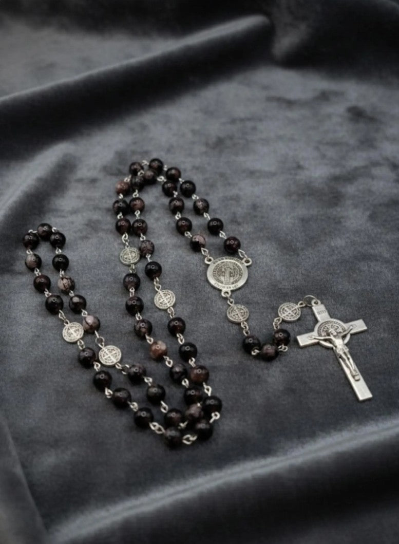 Handmade Saint Benedict Rosary: Brown Stone Beads & Medal