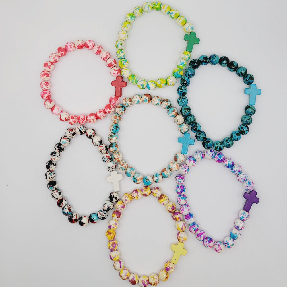 Speckled Cross Bead Stretch Bracelet