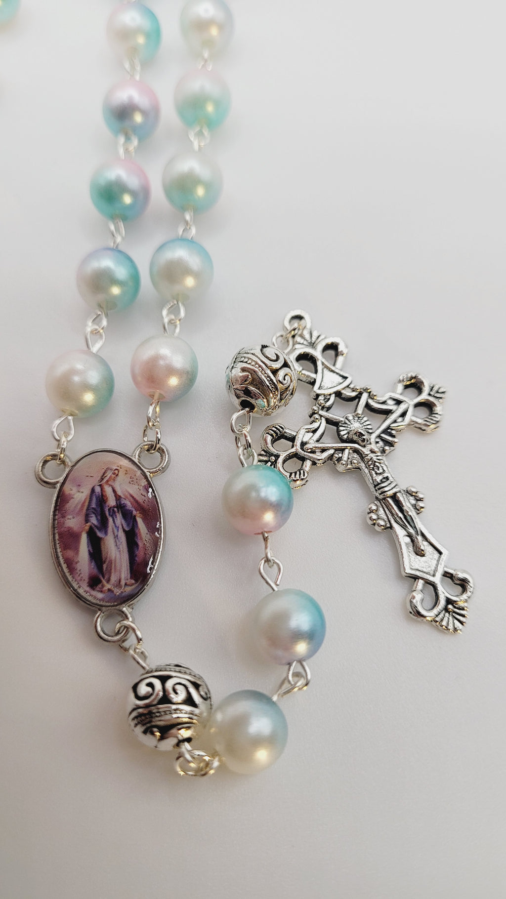 Pastel Faux Pearl Rosary with Our Lady of Grace Centerpiece