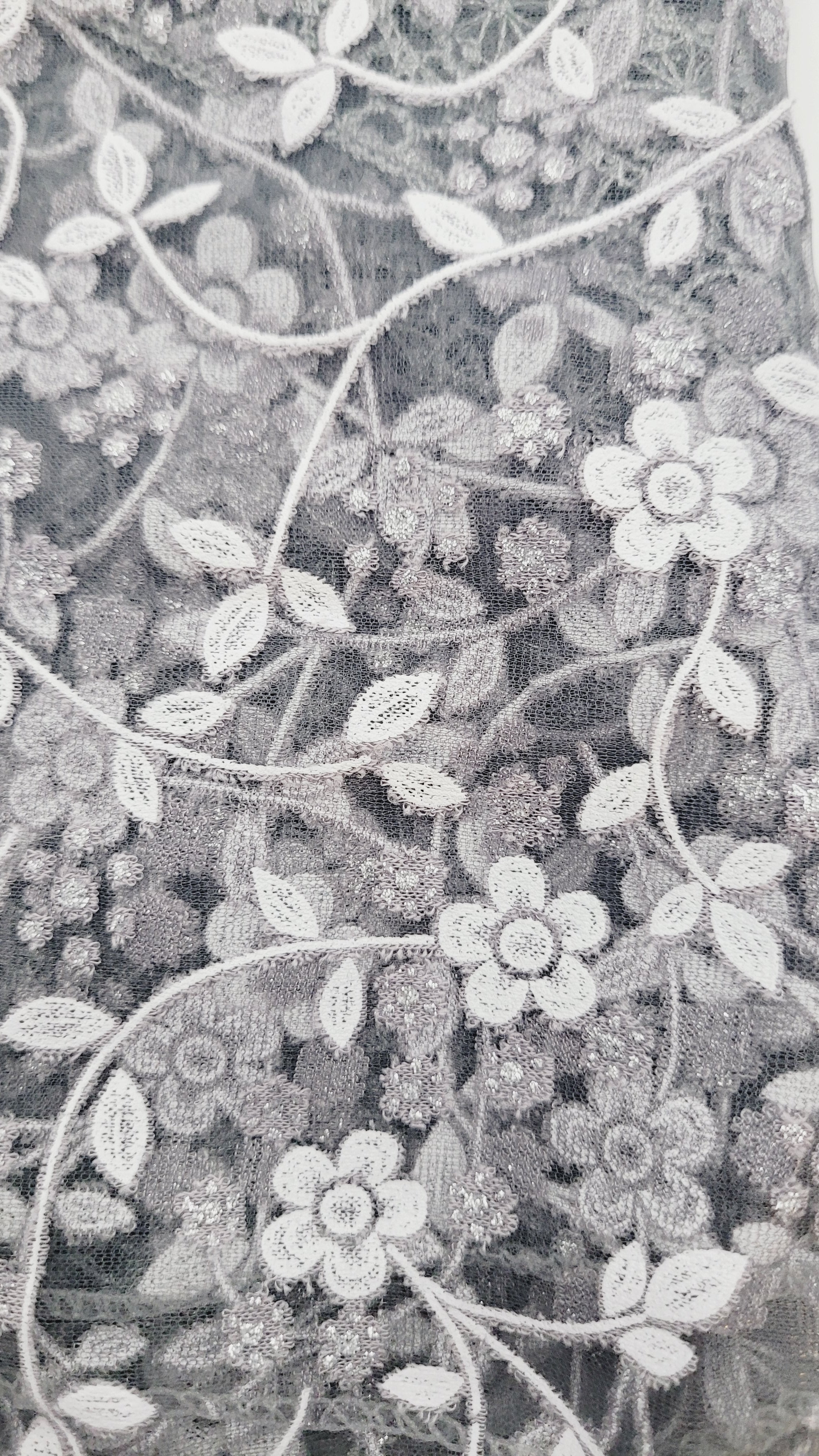 Gray White Floral Lace Chapel Veil - Mantilla