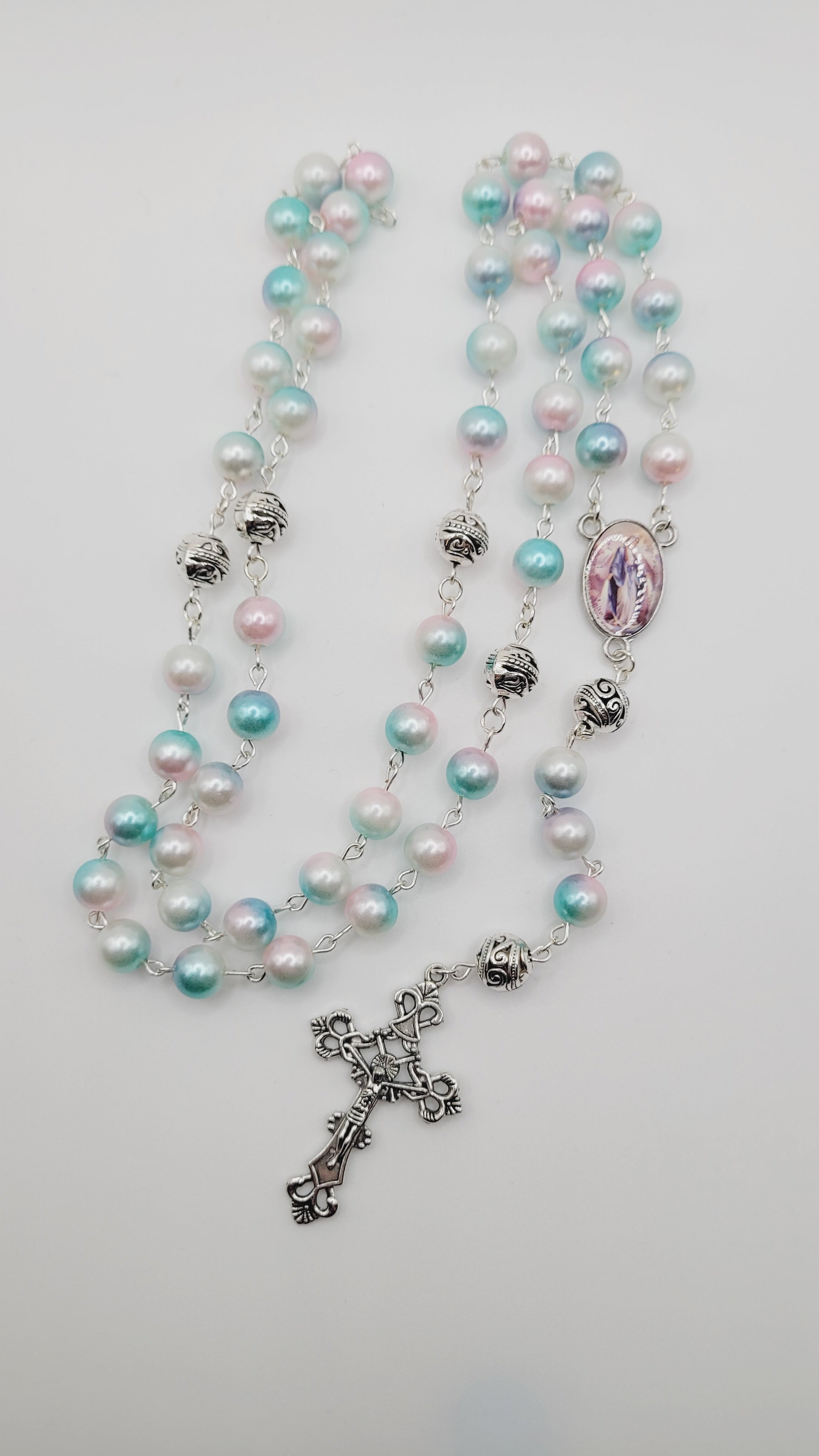 Pastel Faux Pearl Rosary with Our Lady of Grace Centerpiece