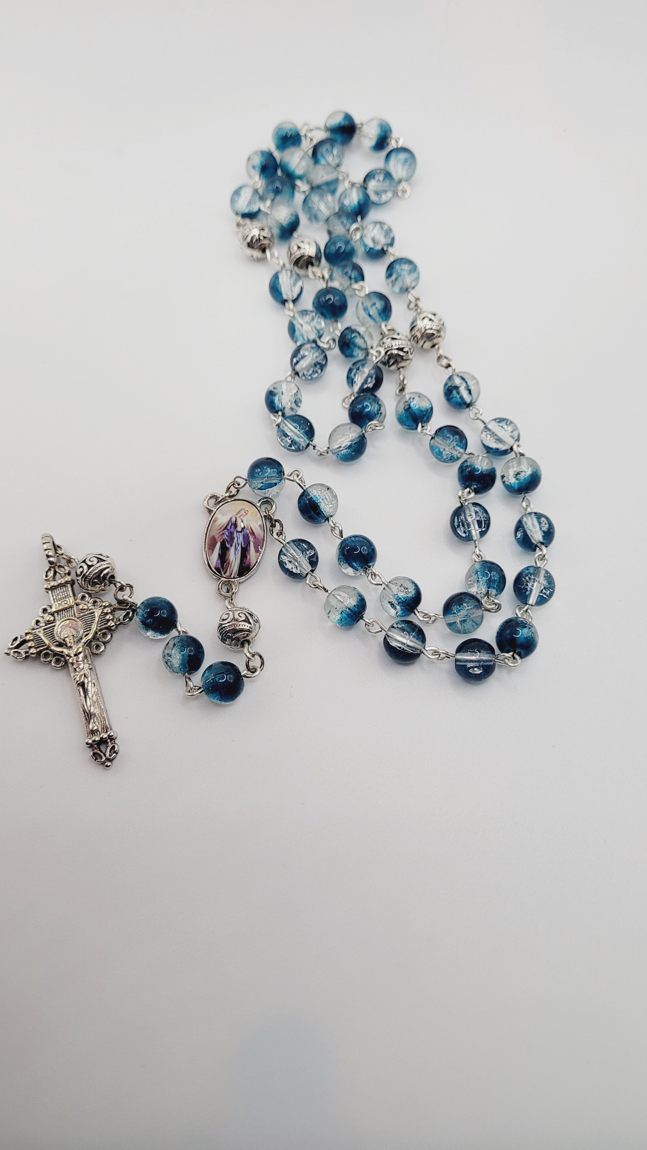 Handmade Blue Glass Rosary with Our Lady of Grace Centerpiece