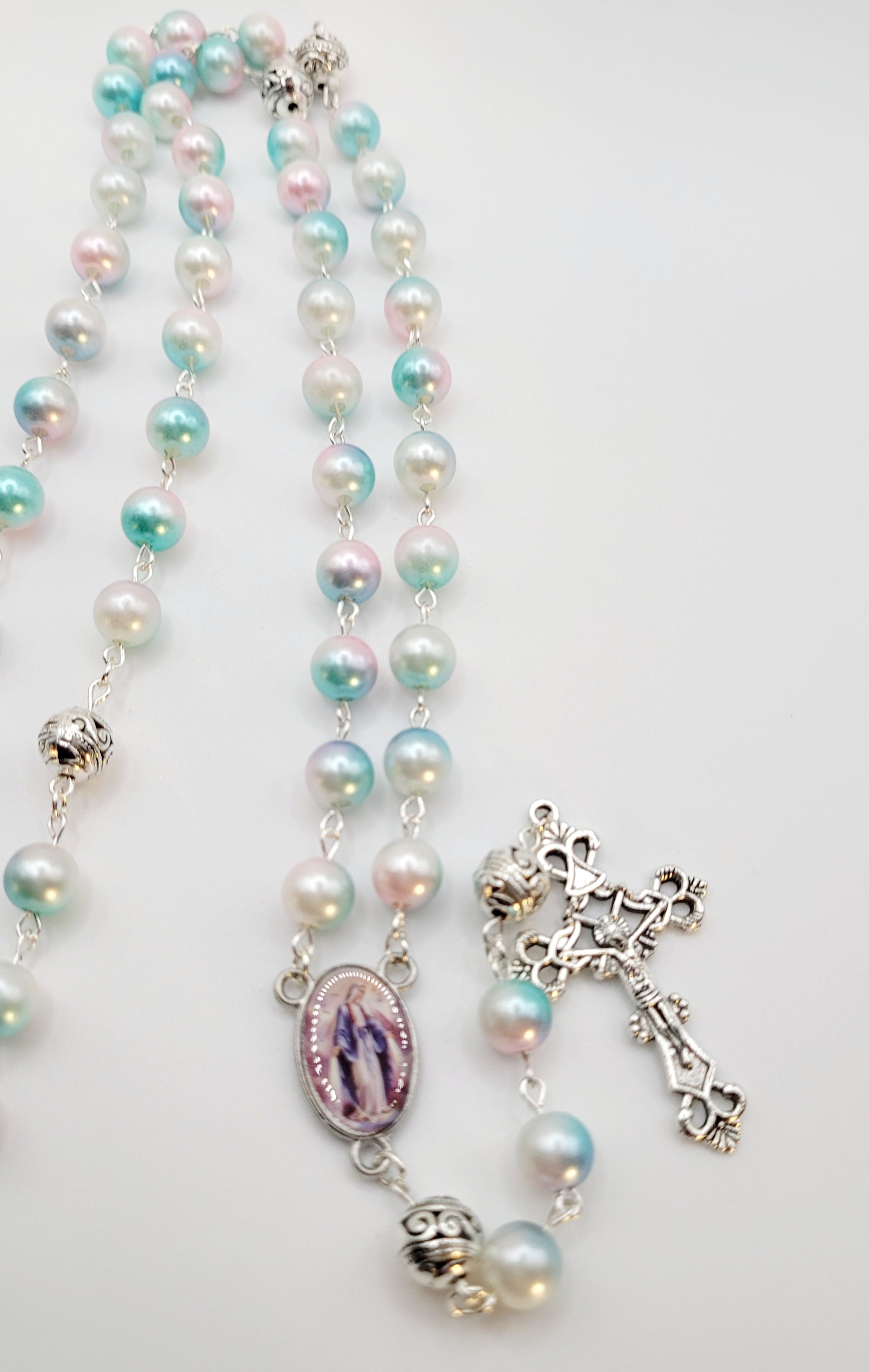 Pastel Faux Pearl Rosary with Our Lady of Grace Centerpiece
