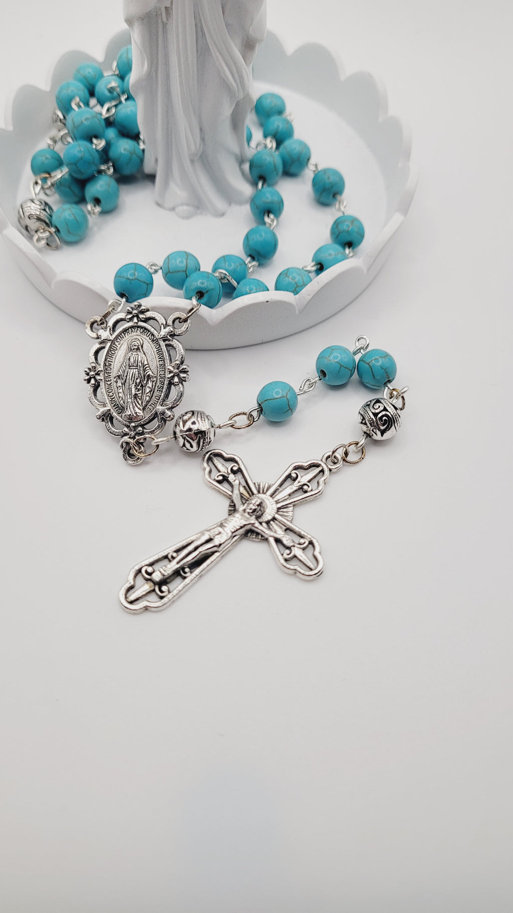 Handmade Turquoise Rosary with Miraculous Medal Centerpiece