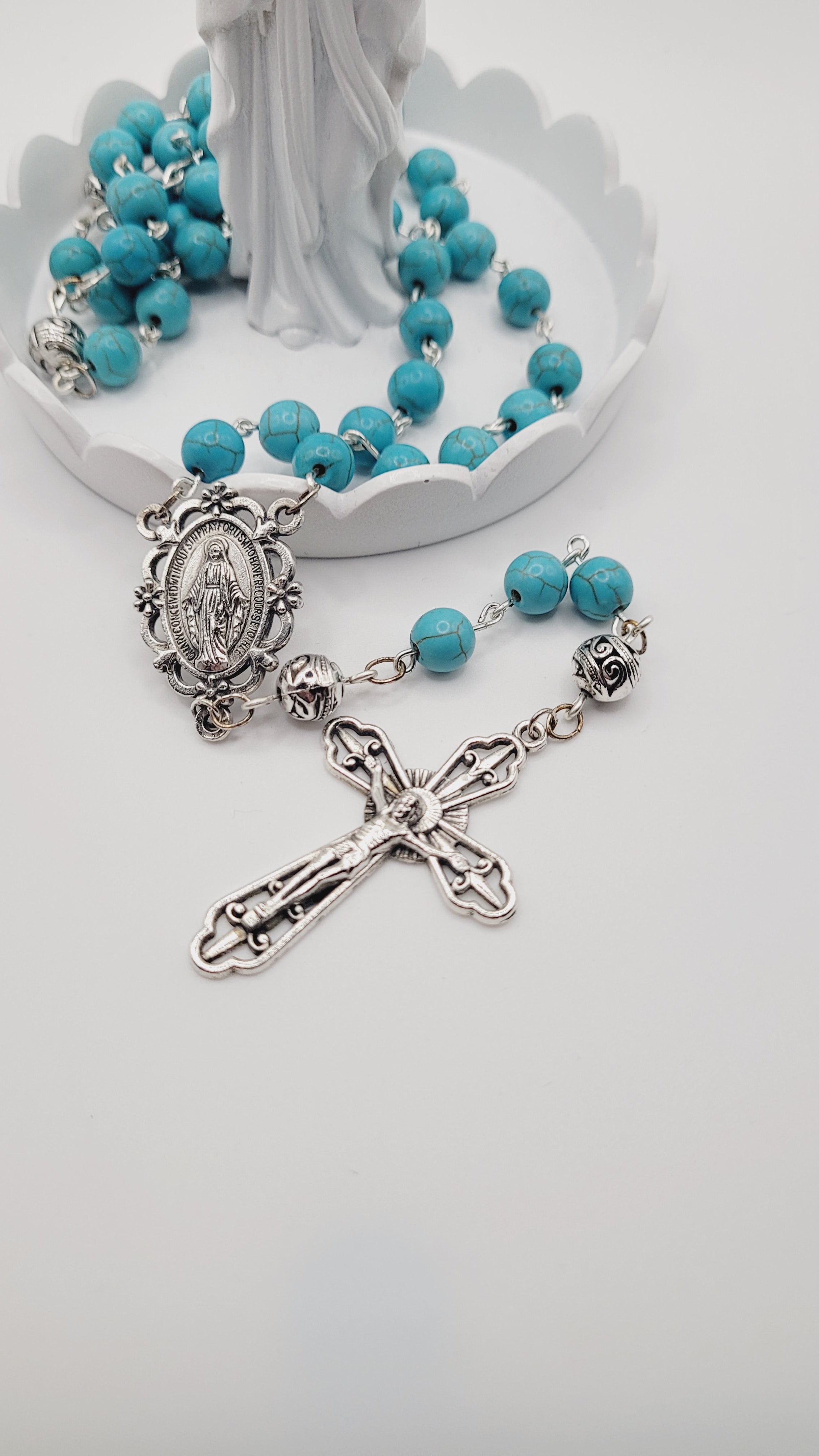 Handmade Turquoise Rosary with Miraculous Medal Centerpiece