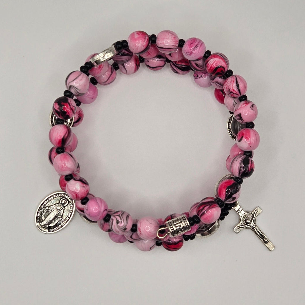 Pink & Black Handcrafted Miraculous Metal Rosary Bracelet