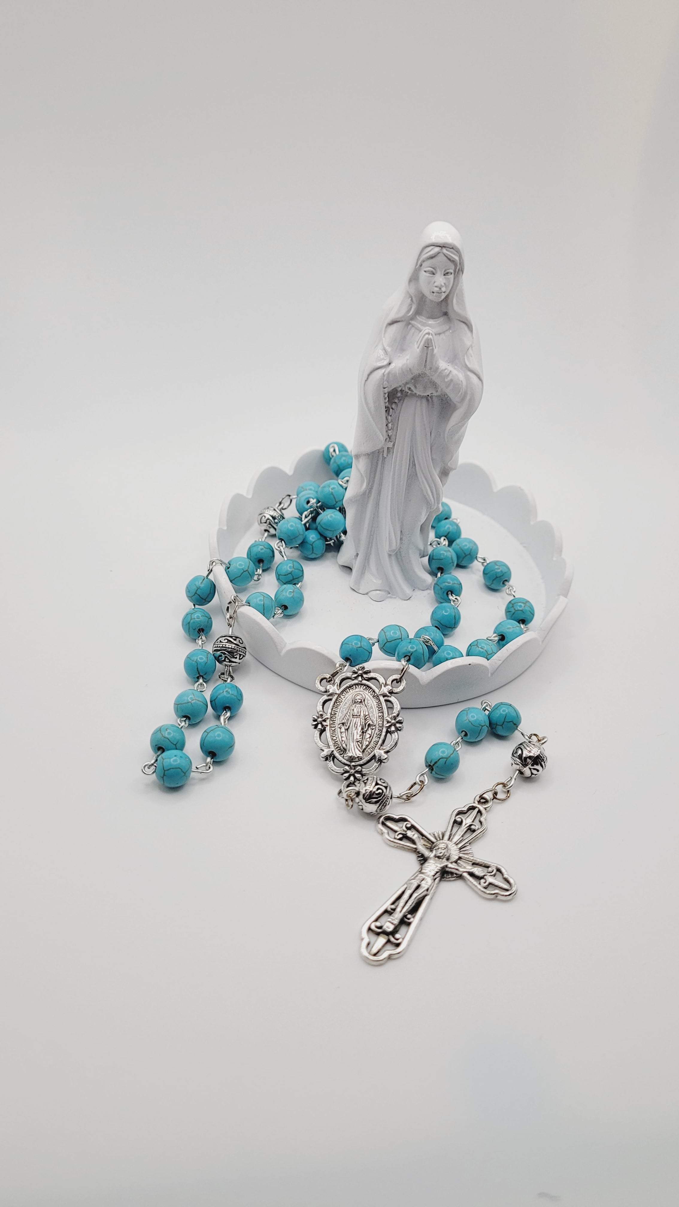 Handmade Turquoise Rosary with Miraculous Medal Centerpiece