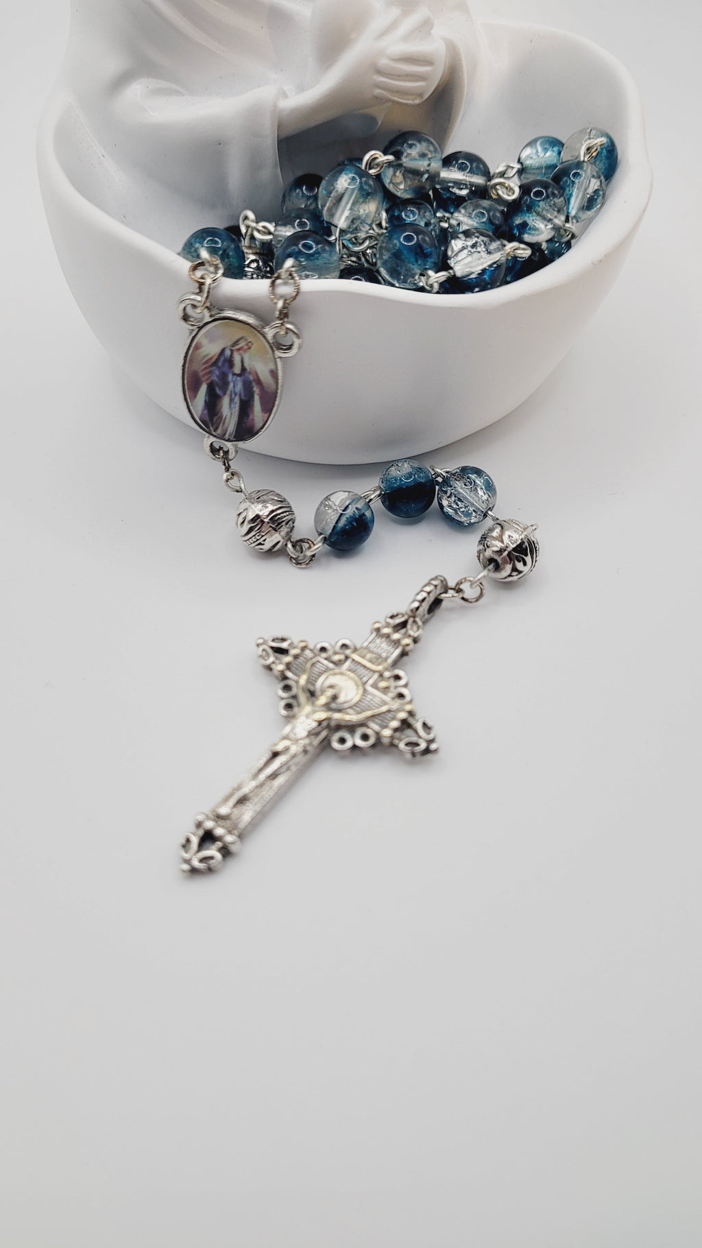 Handmade Blue Glass Rosary with Our Lady of Grace Centerpiece