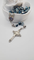 Handmade Blue Glass Rosary with Our Lady of Grace Centerpiece