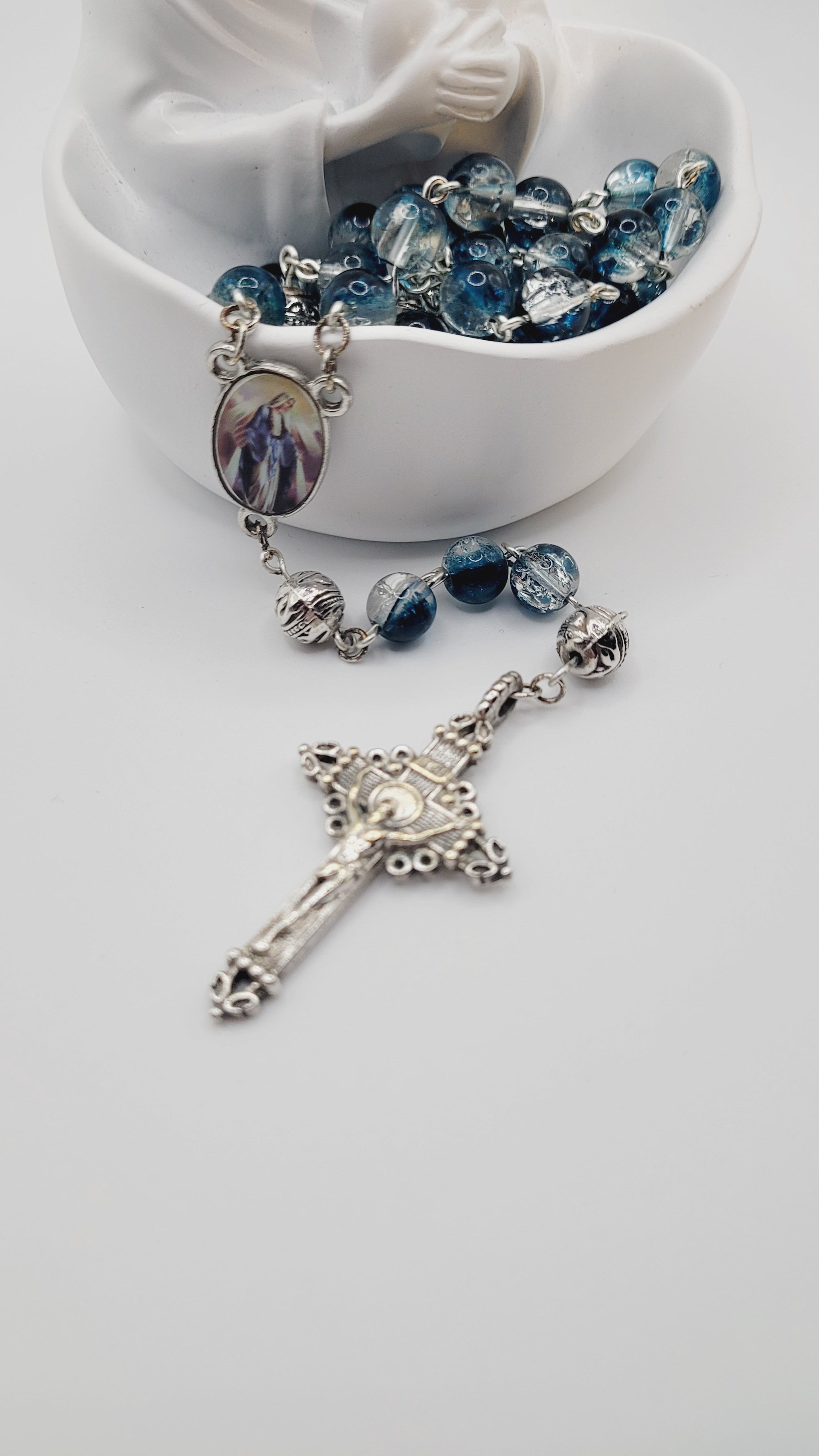 Handmade Blue Glass Rosary with Our Lady of Grace Centerpiece