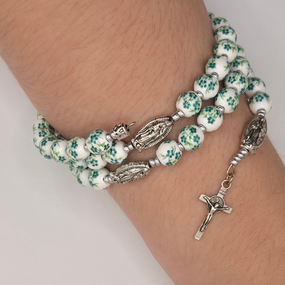Green Floral Handcrafted Miraculous Metal Rosary Bracelet