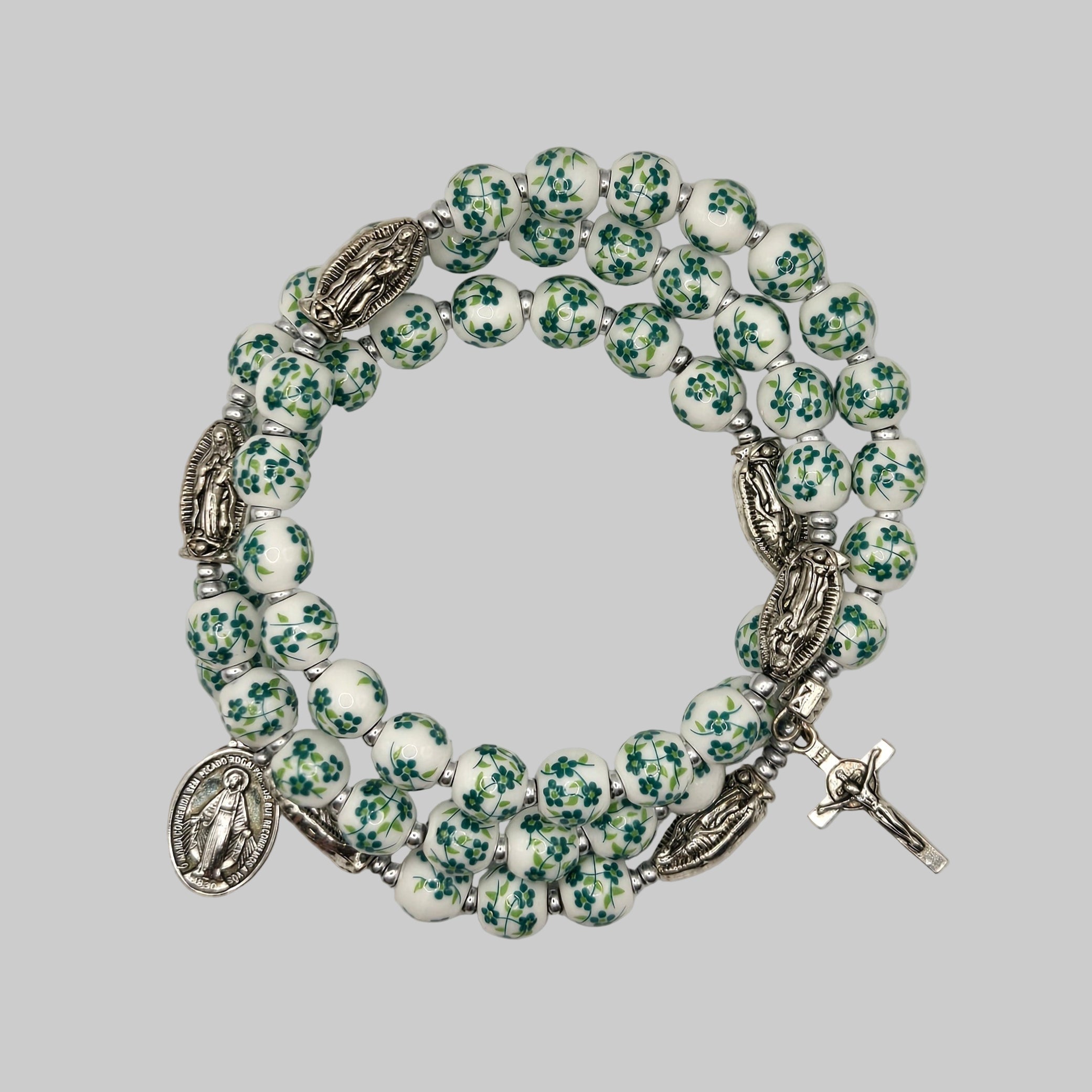Green Floral Handcrafted Miraculous Metal Rosary Bracelet