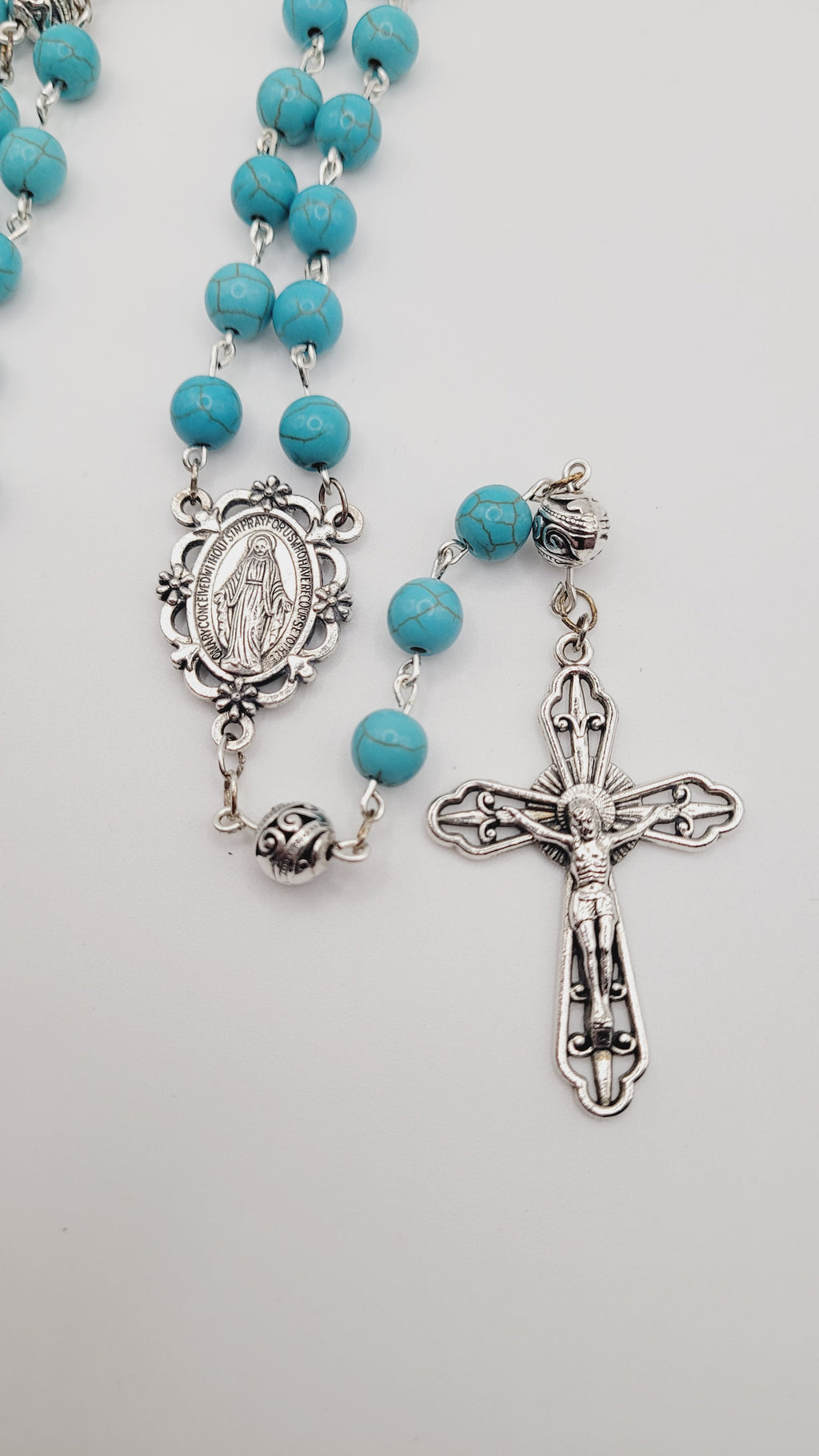 Handmade Turquoise Rosary with Miraculous Medal Centerpiece