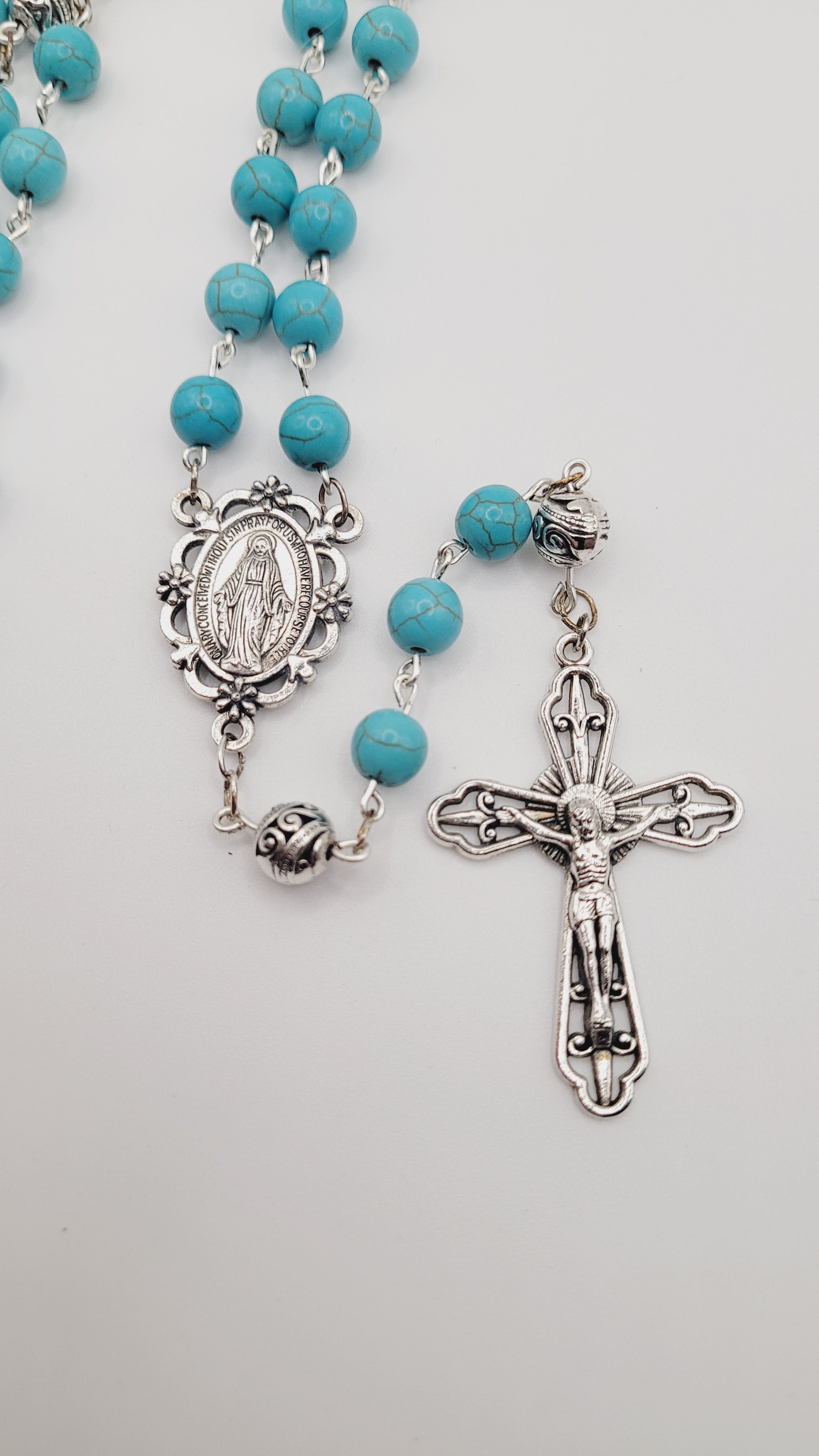 Handmade Turquoise Rosary with Miraculous Medal Centerpiece