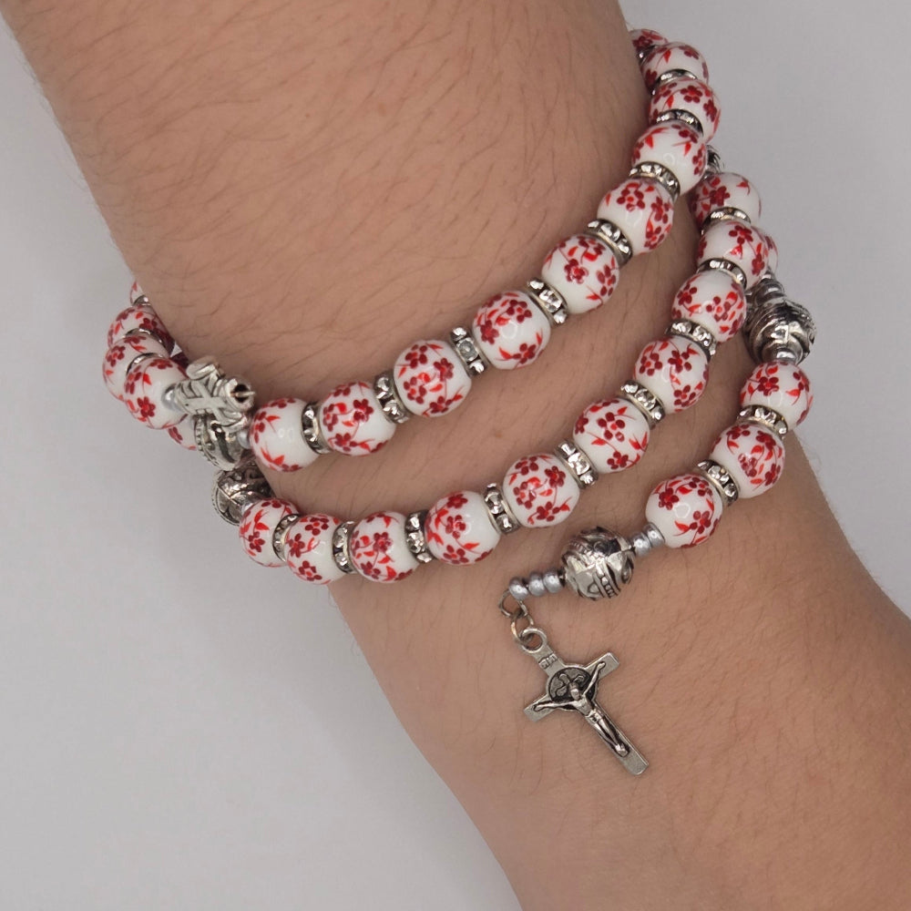 Red Floral Handcrafted Miraculous Metal Rosary Bracelet