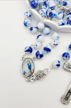 Assumption of Mary Heirloom Rosary • Cobalt Blue & White Marble Glass Beads