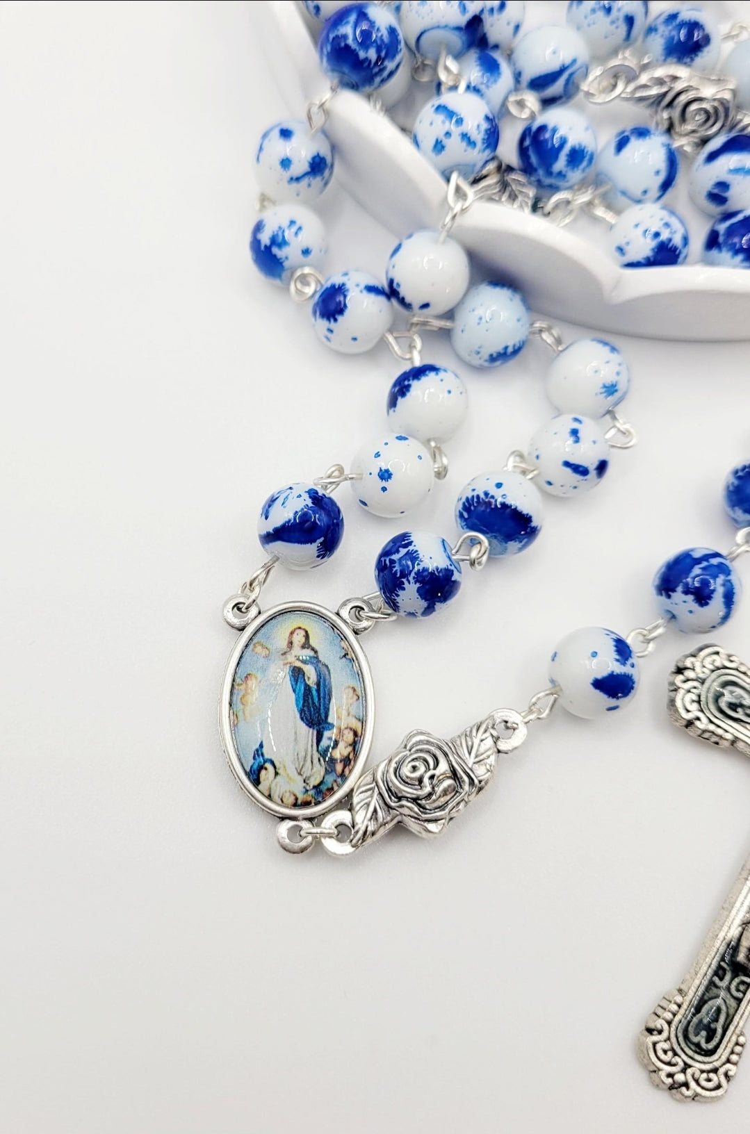 Assumption of Mary Heirloom Rosary • Cobalt Blue & White Marble Glass Beads