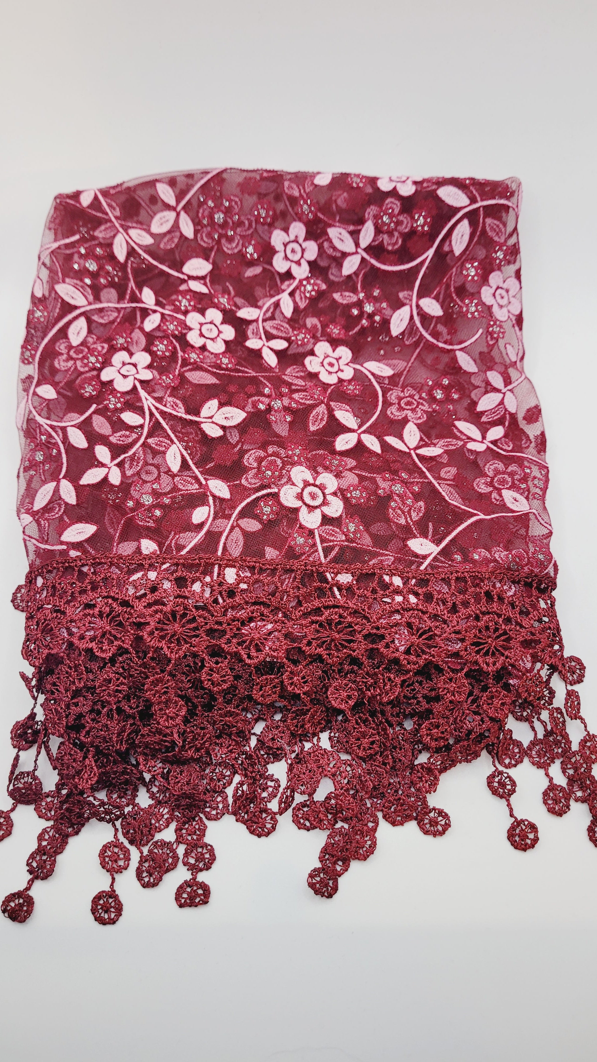 Maroon Floral Lace Chapel Veil - Mantilla