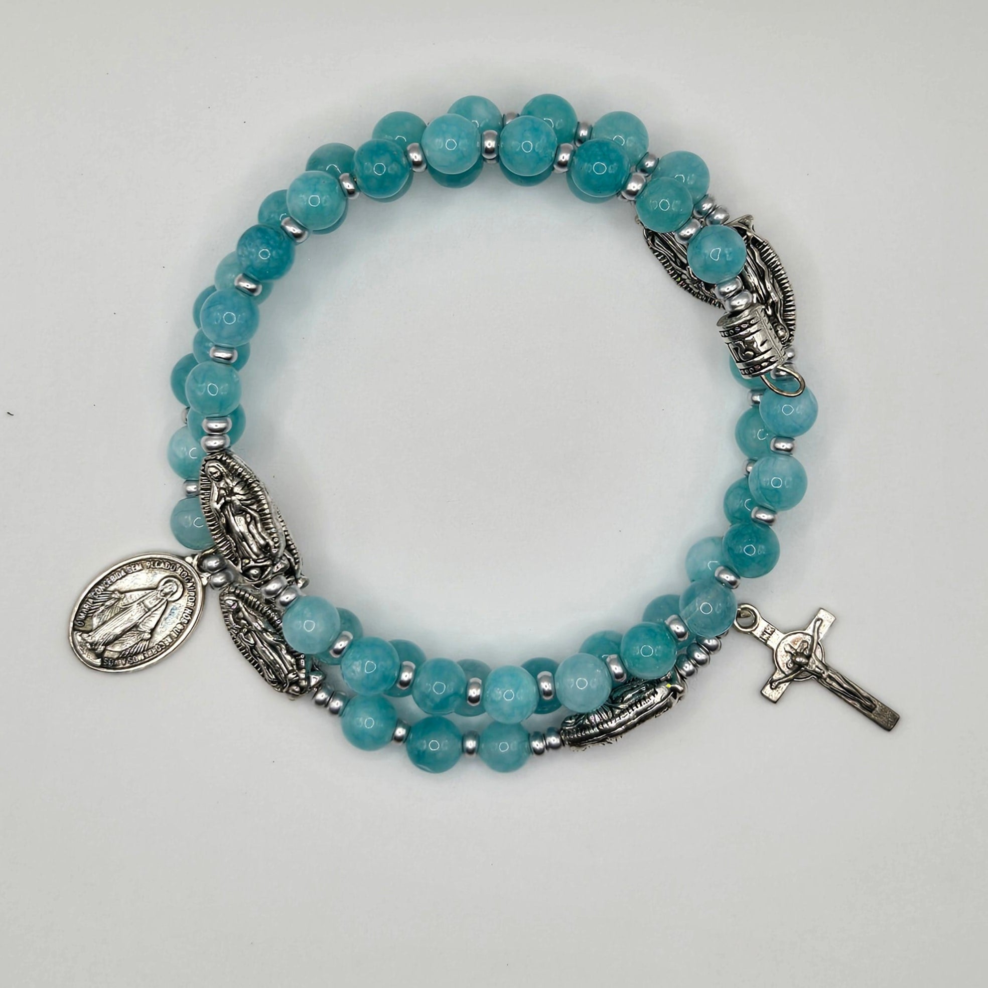 Teal Handcrafted Miraculous Metal Rosary Bracelet