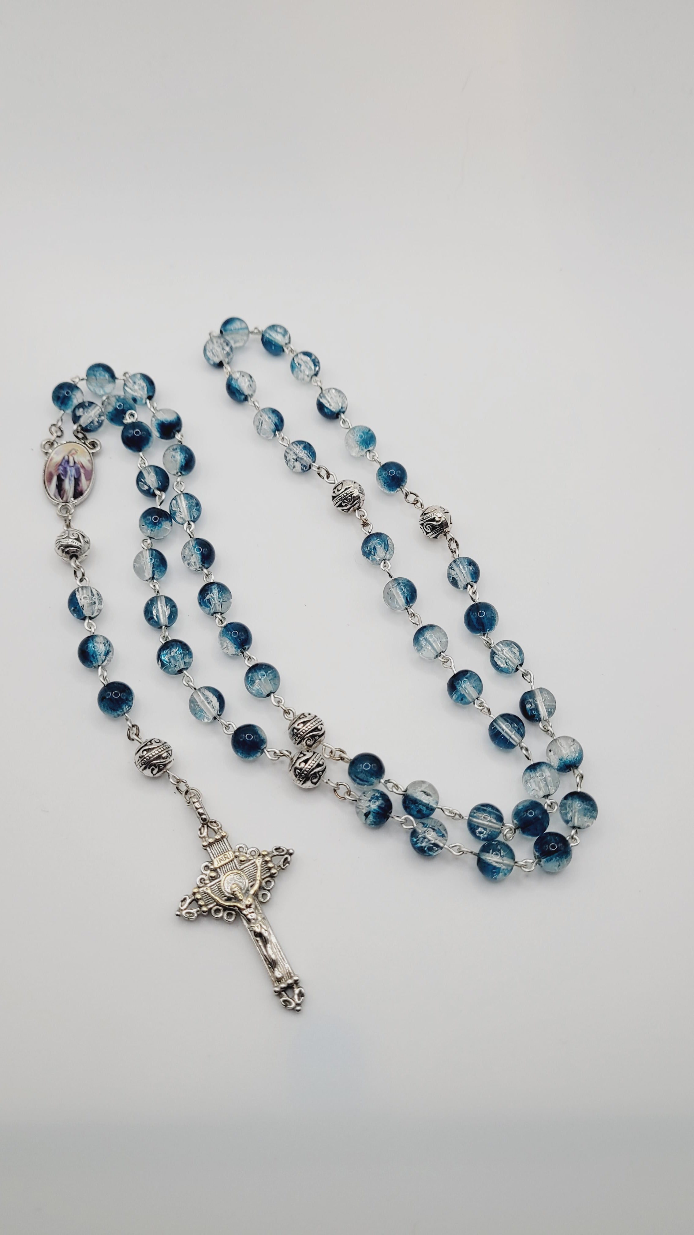 Handmade Blue Glass Rosary with Our Lady of Grace Centerpiece