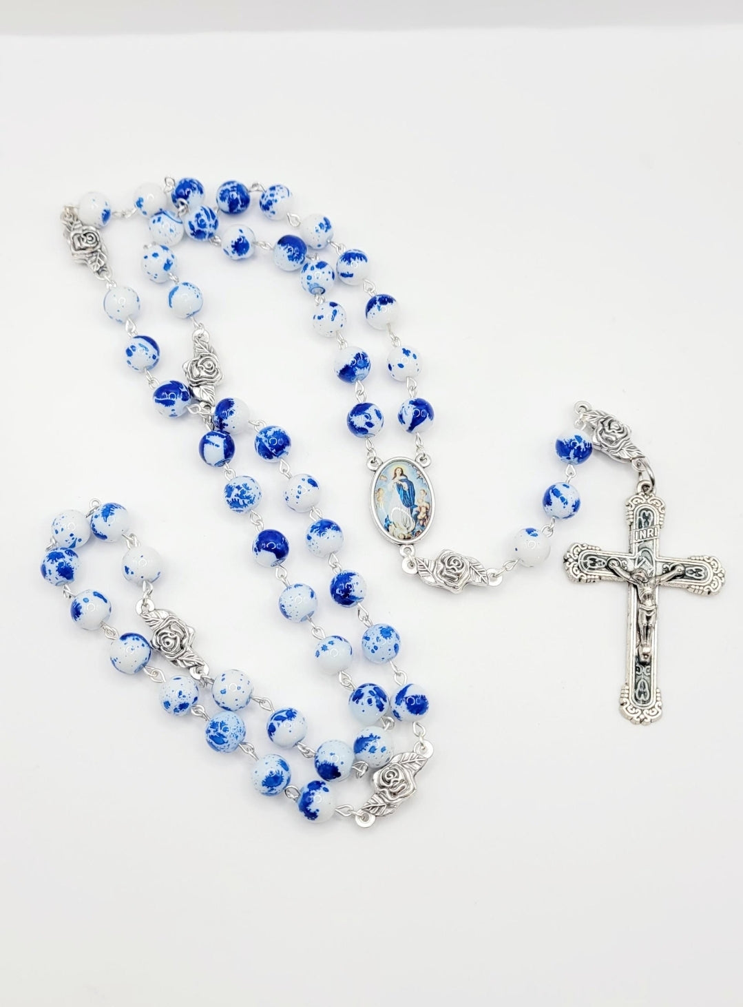 Assumption of Mary Heirloom Rosary • Cobalt Blue & White Marble Glass Beads