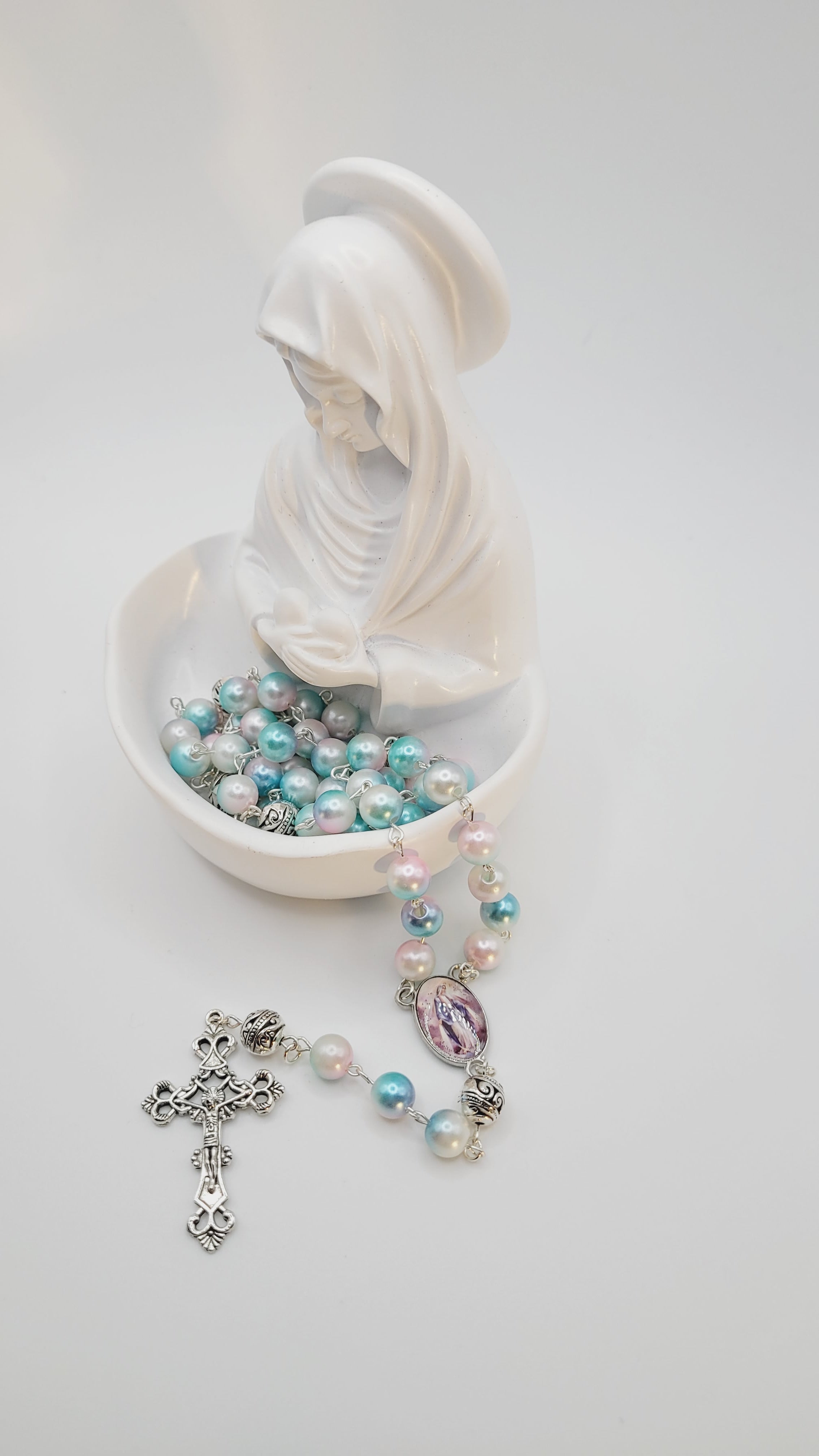 Pastel Faux Pearl Rosary with Our Lady of Grace Centerpiece