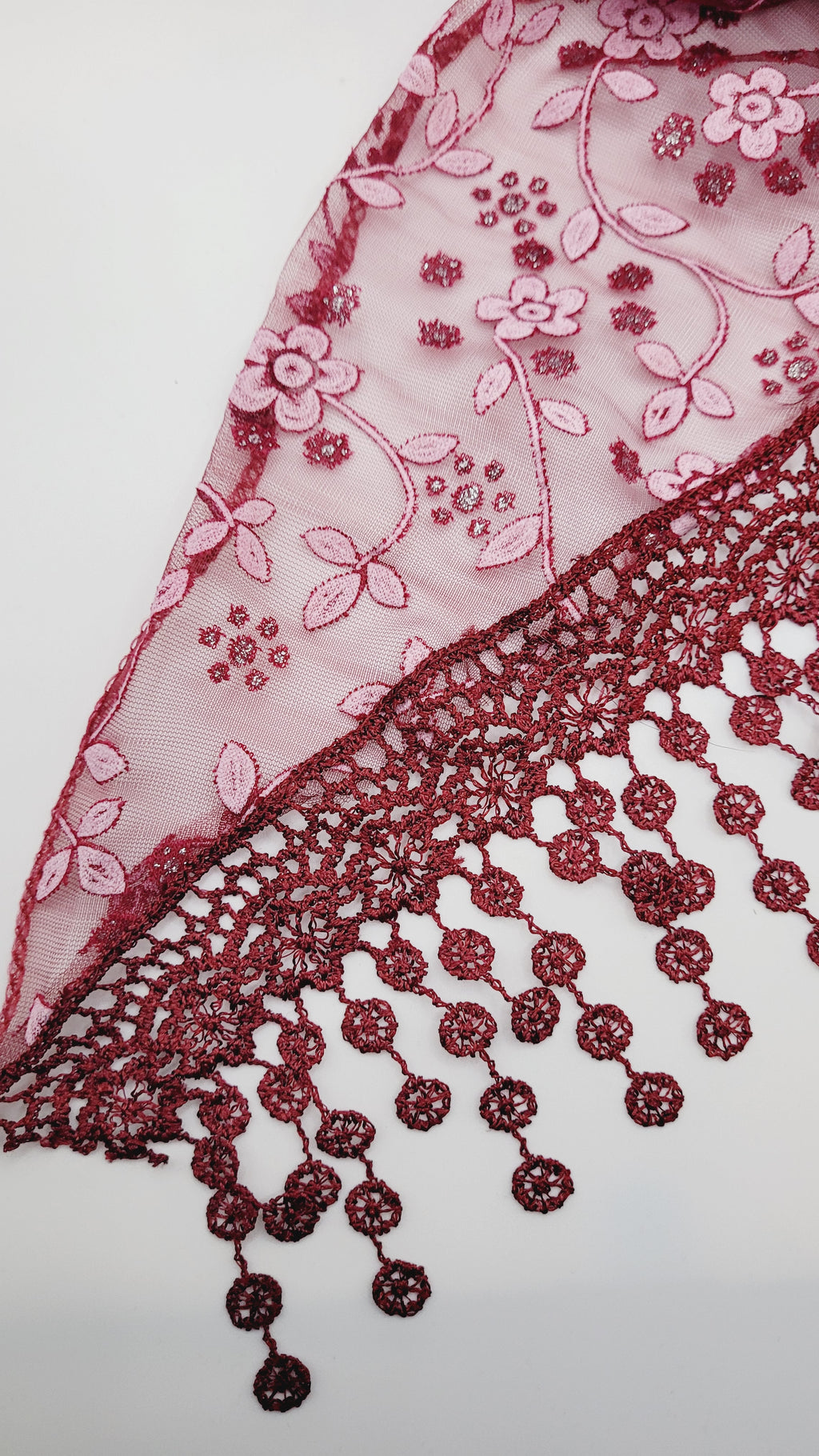 Maroon Floral Lace Chapel Veil - Mantilla