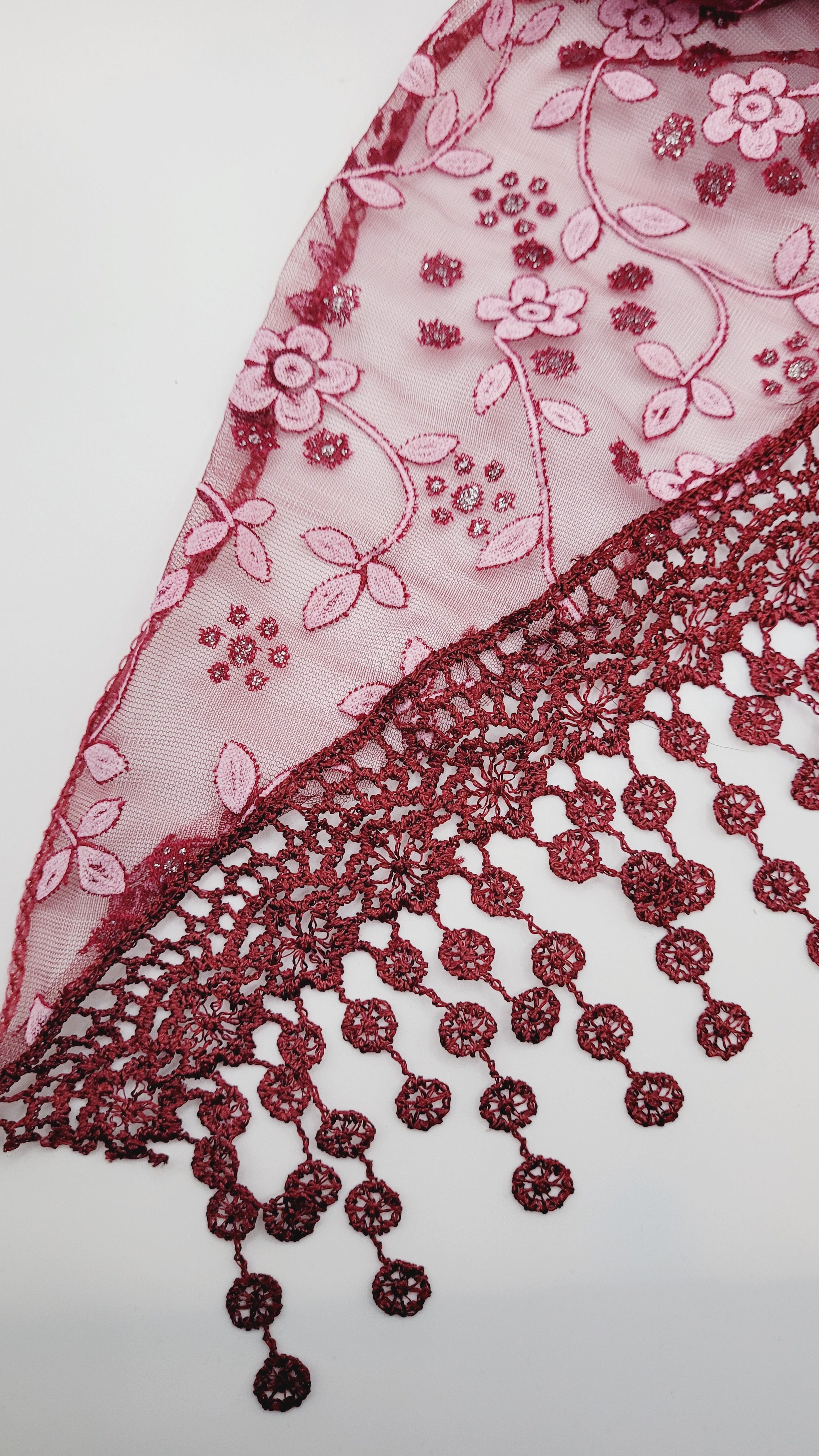 Maroon Floral Lace Chapel Veil - Mantilla