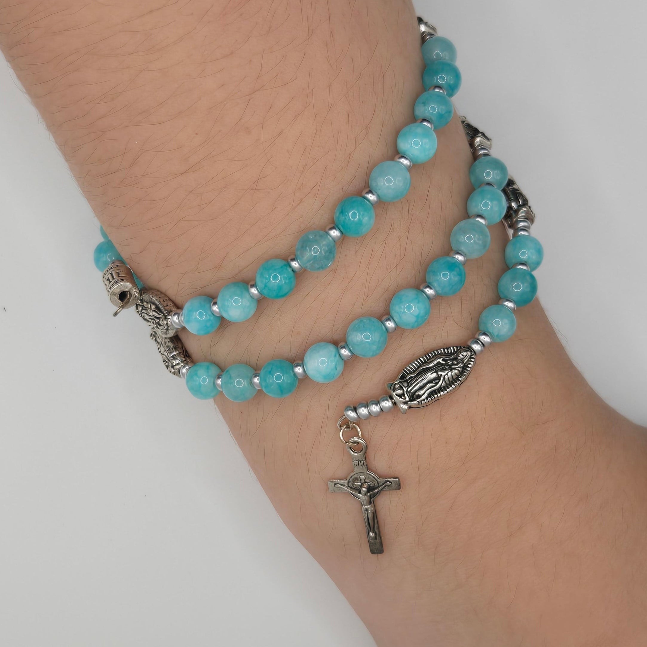 Teal Handcrafted Miraculous Metal Rosary Bracelet
