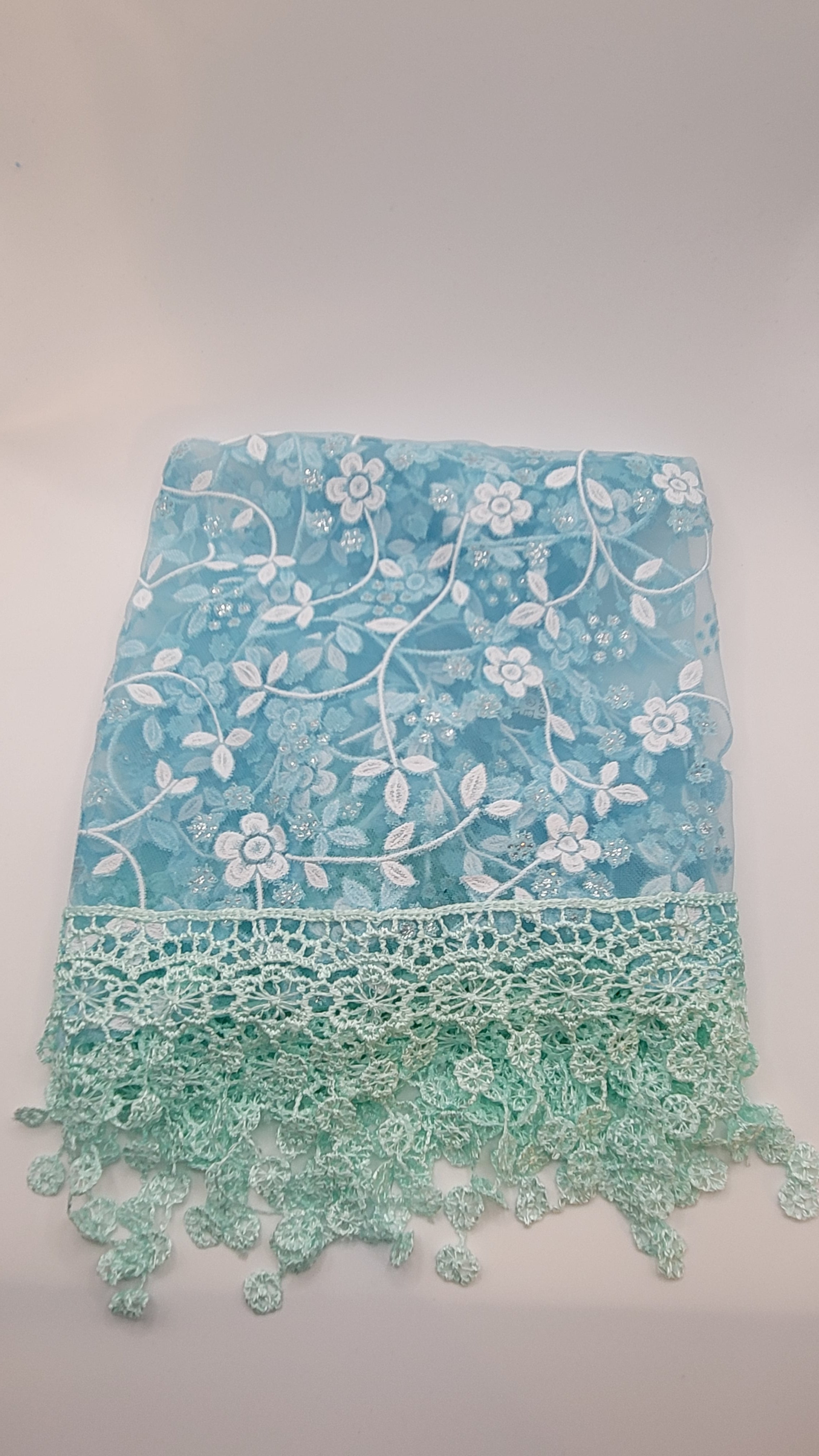Light Blue Floral Lace Chapel Veil - Mantilla