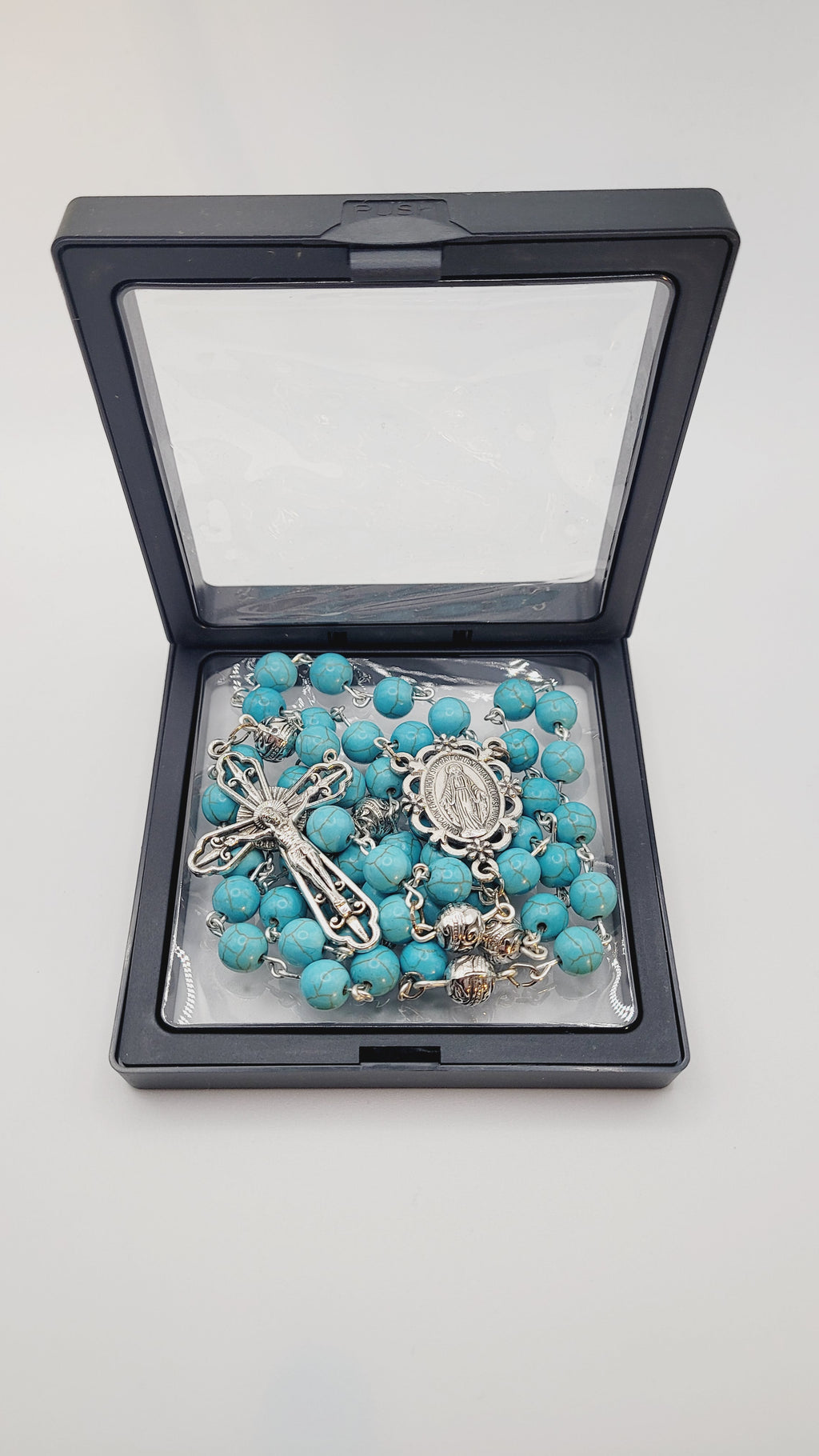 Handmade Turquoise Rosary with Miraculous Medal Centerpiece