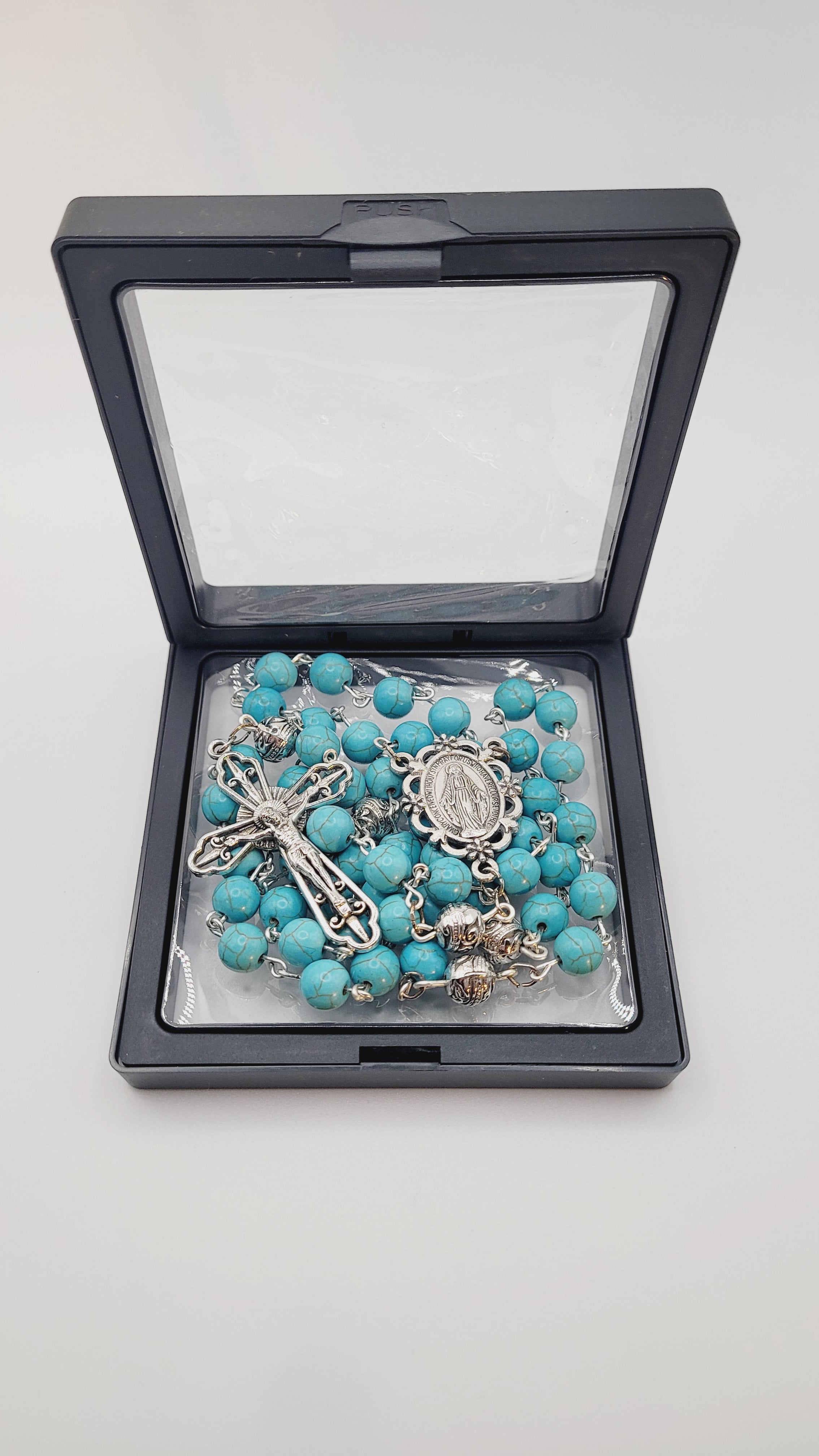 Handmade Turquoise Rosary with Miraculous Medal Centerpiece