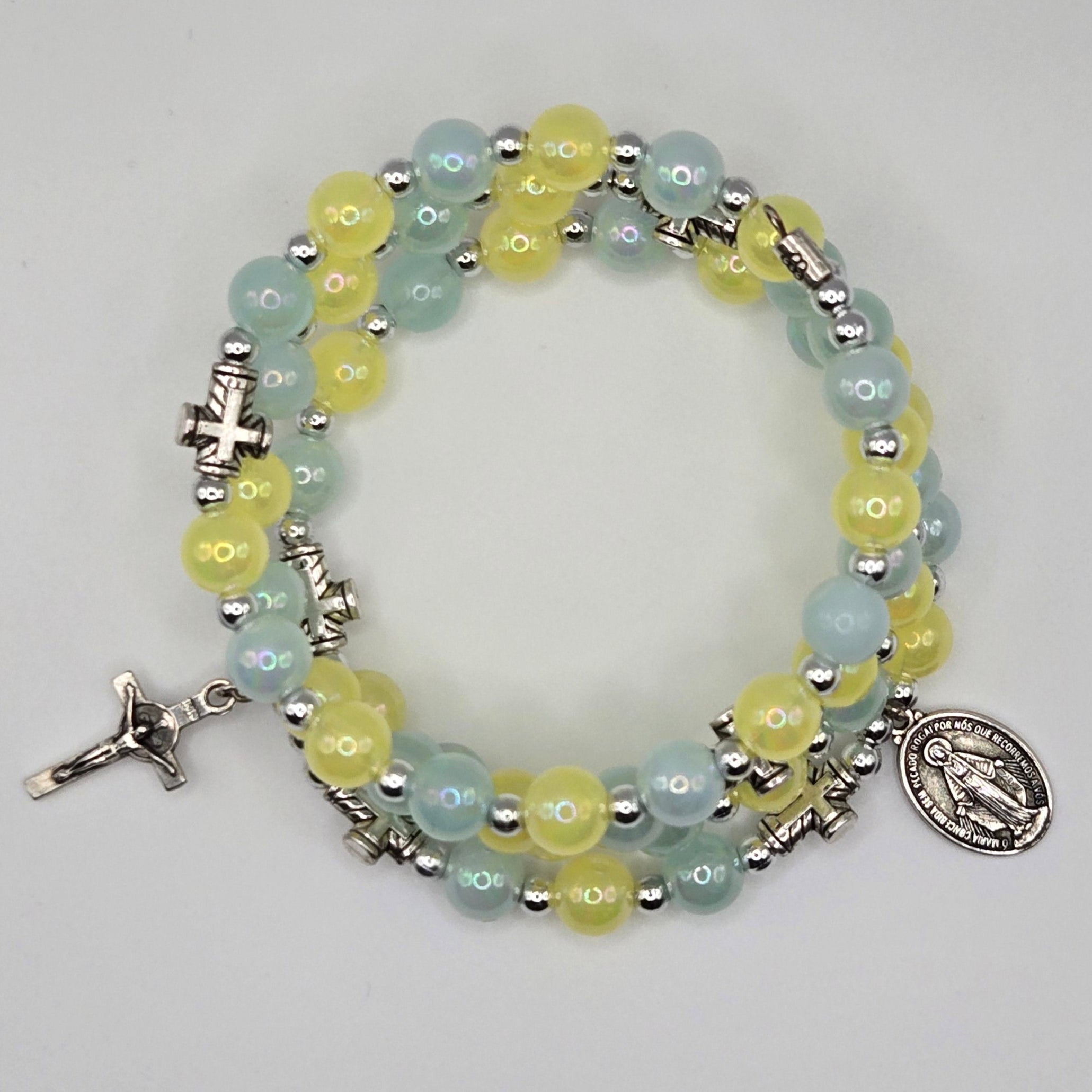 Yellow & Blue Handcrafted Miraculous Metal Rosary Bracelet