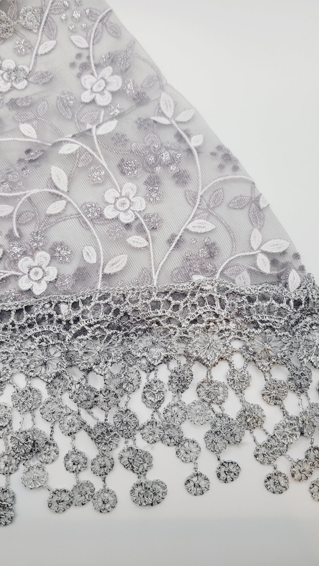Gray White Floral Lace Chapel Veil - Mantilla