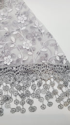 Gray White Floral Lace Chapel Veil - Mantilla