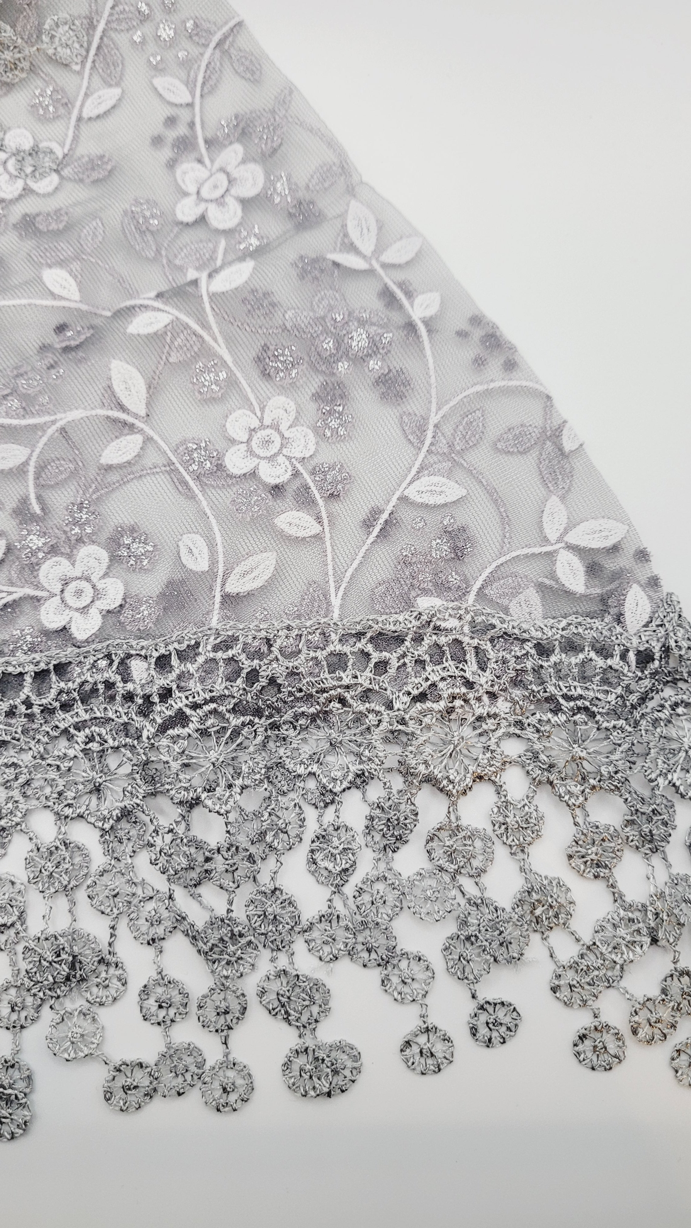 Gray White Floral Lace Chapel Veil - Mantilla