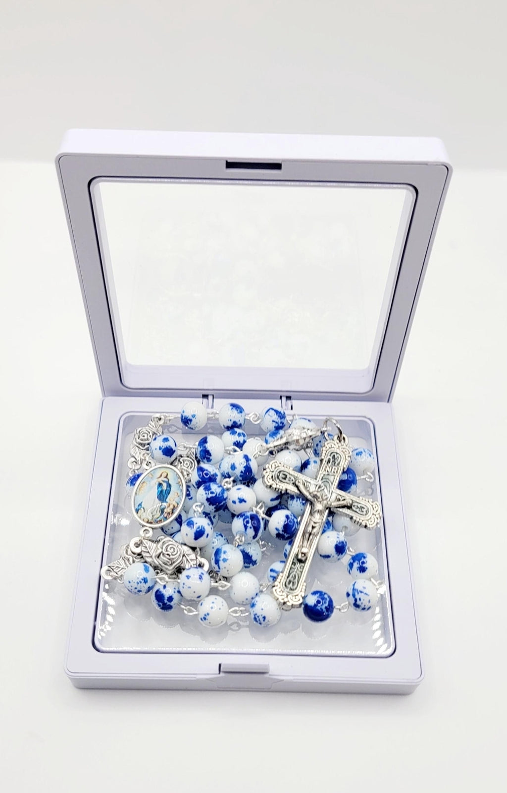 Assumption of Mary Heirloom Rosary • Cobalt Blue & White Marble Glass Beads