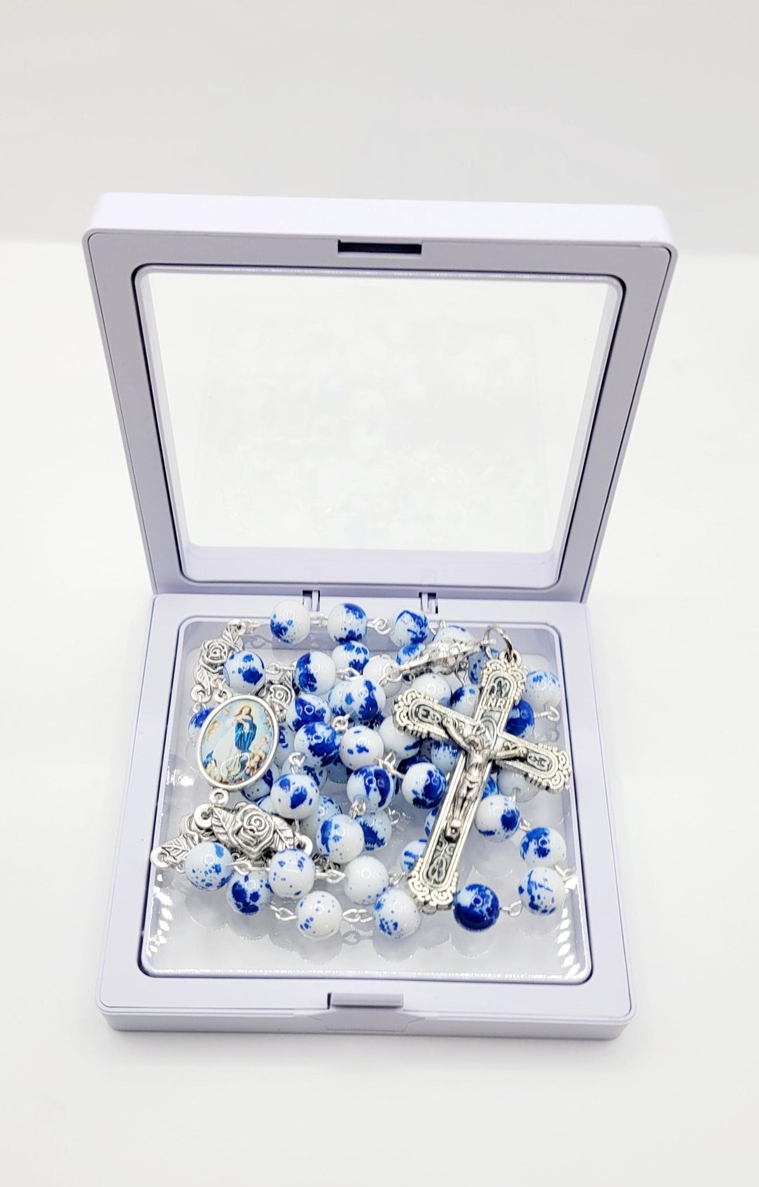 Assumption of Mary Heirloom Rosary • Cobalt Blue & White Marble Glass Beads