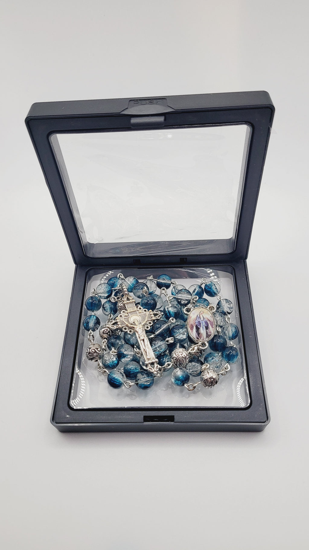 Handmade Blue Glass Rosary with Our Lady of Grace Centerpiece
