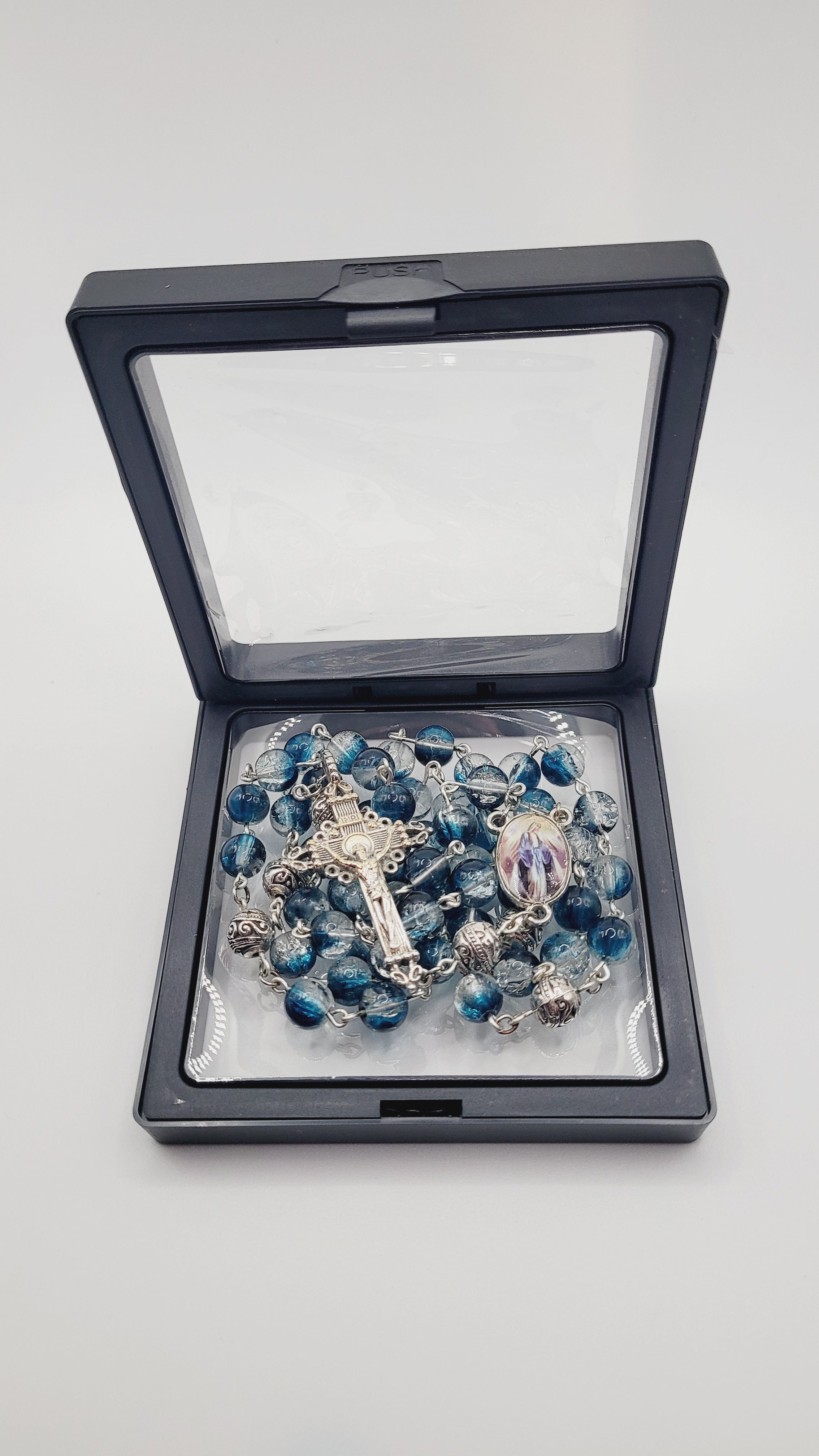 Handmade Blue Glass Rosary with Our Lady of Grace Centerpiece